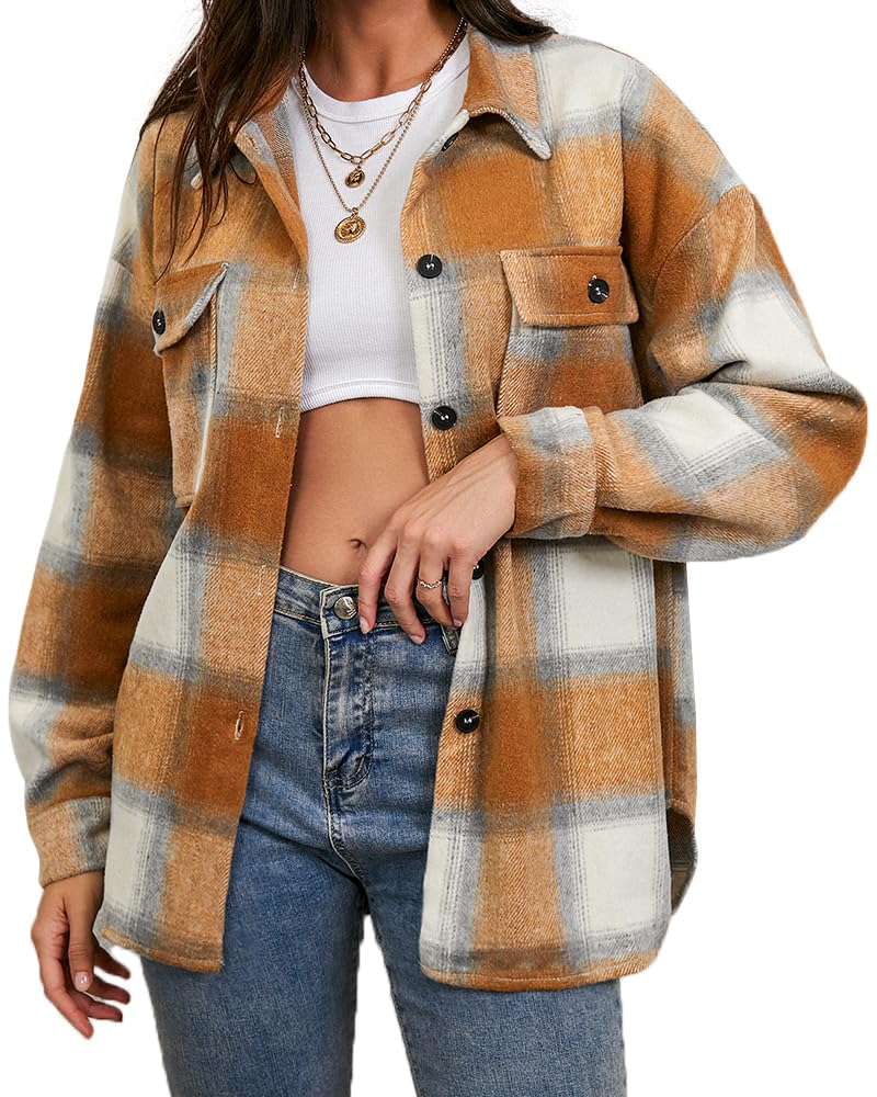 Women's Casual Flannel Plaid Shacket Button Down Long Sleeve Shirt Jacket Coats with Pockets