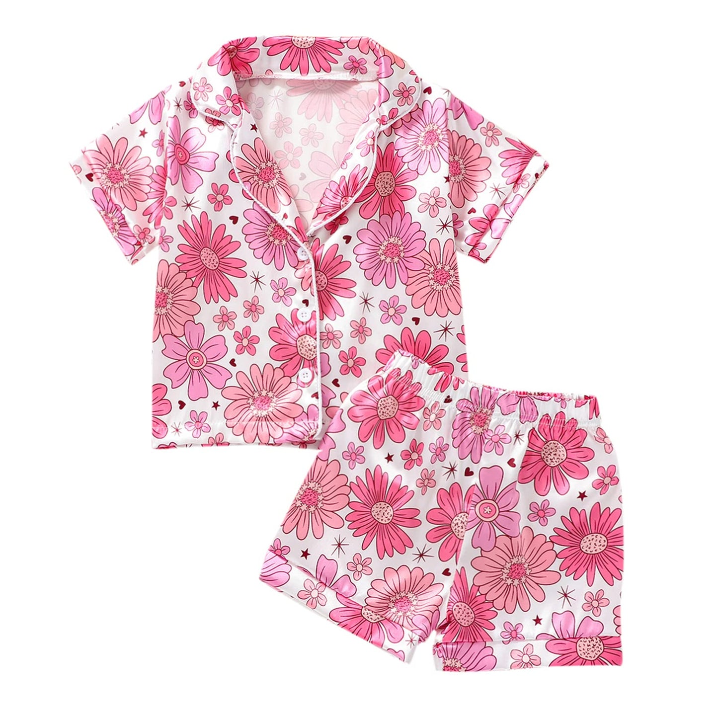 Toddler Girls Floral Silk Pajamas Short Sleeve Button-Up Top Shorts 2PC Flowers Satin Pajamas Set