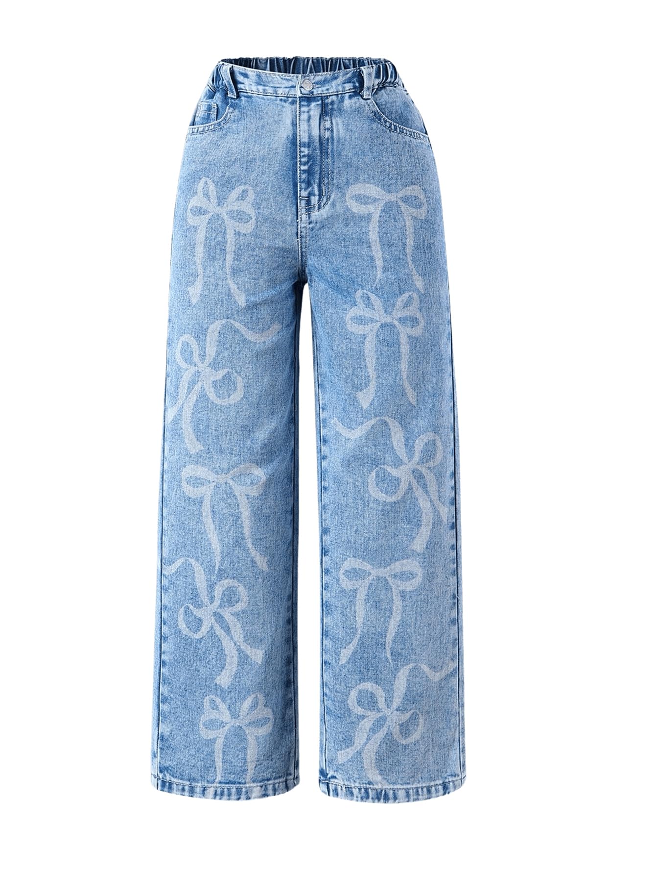 MakeMeChic Girl's Bow Knot Print Straight-Leg Loose-Fit Zip-Fly Cute Denim Jeans