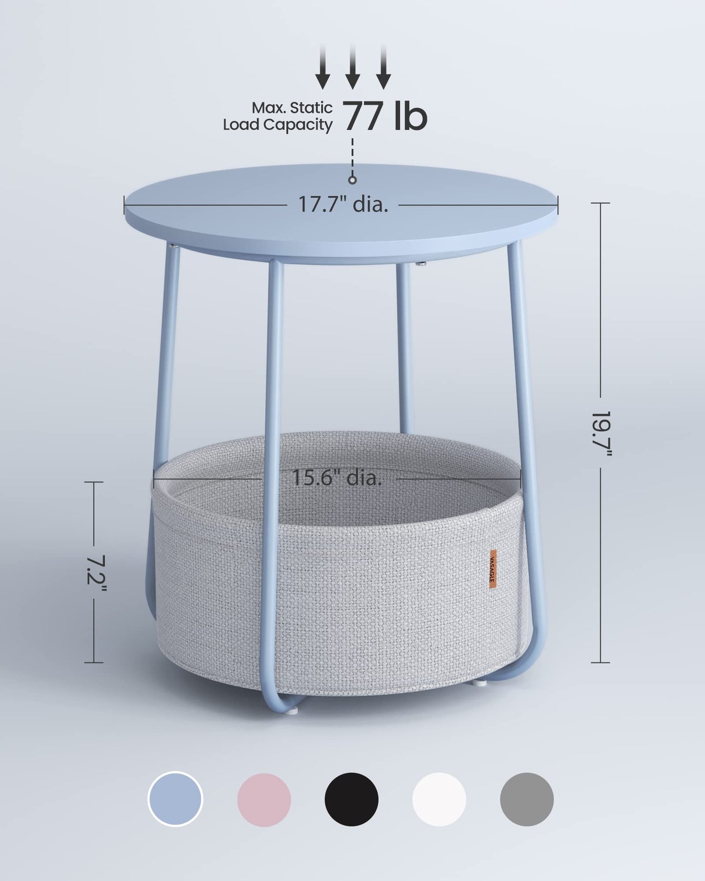 Small Bedside Table with Fabric Basket, Modern Nightstand, Round Side Table