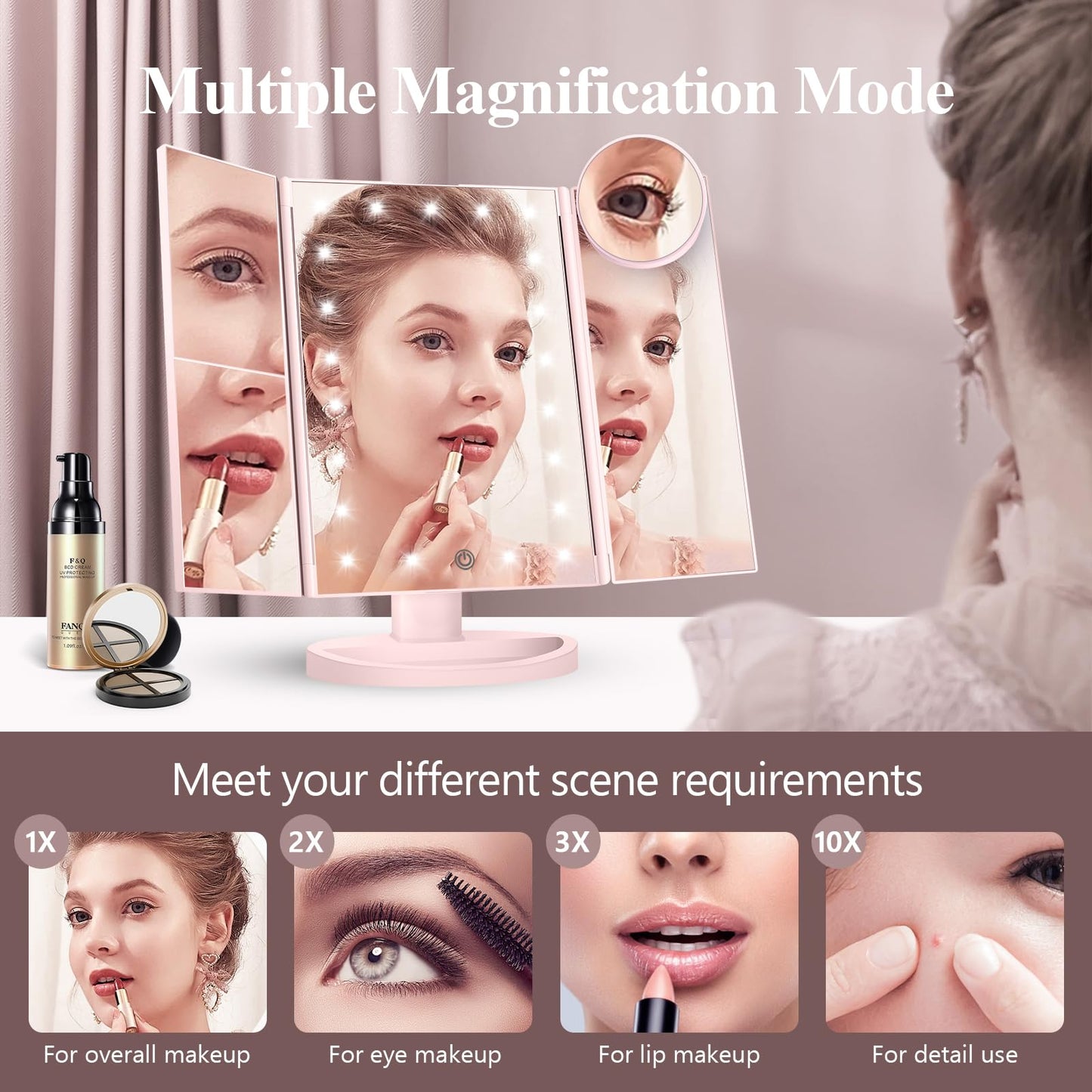 Makeup Mirror Vanity with Lights, 2X 3X 10X Magnification, Lighted Mirror, Touch Control, Trifold Dual Power Supply, Portable LED