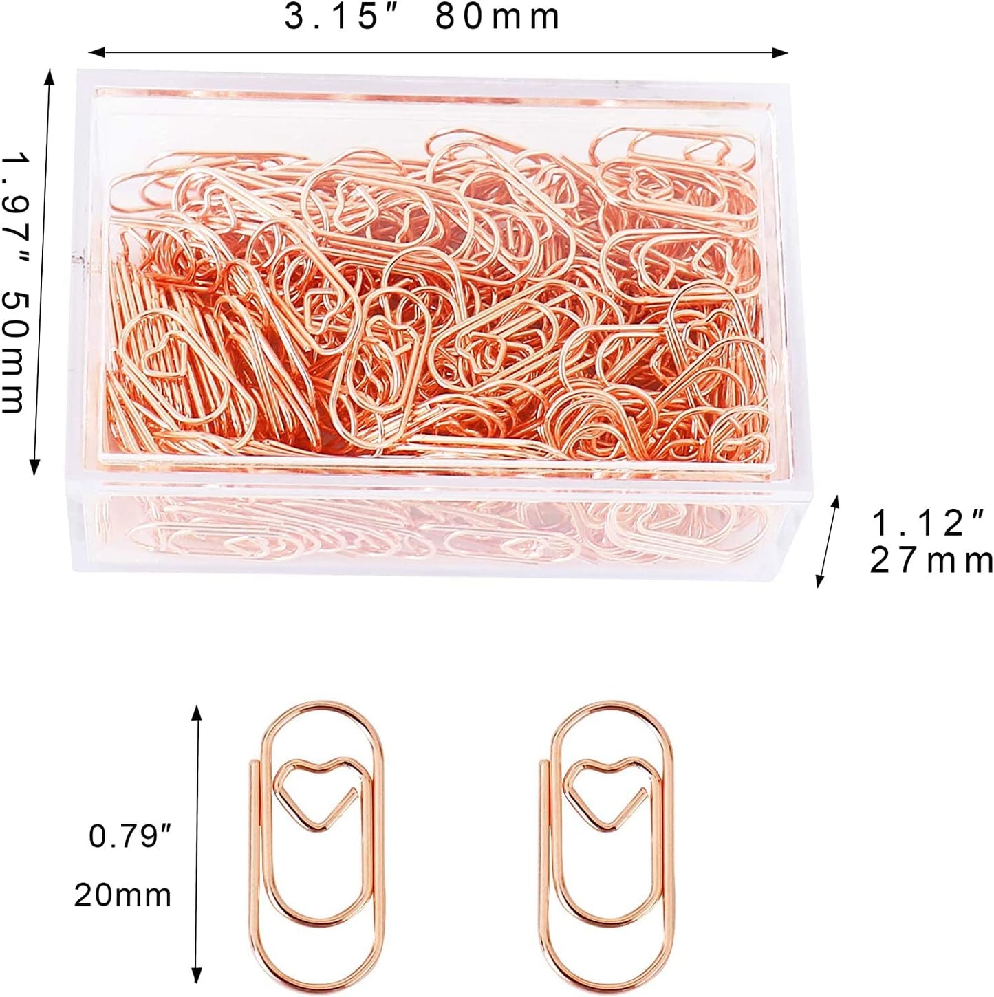 Set of Small Rose Gold Heart-Shaped Paper Clips with Tinplate Holder 200-Piece