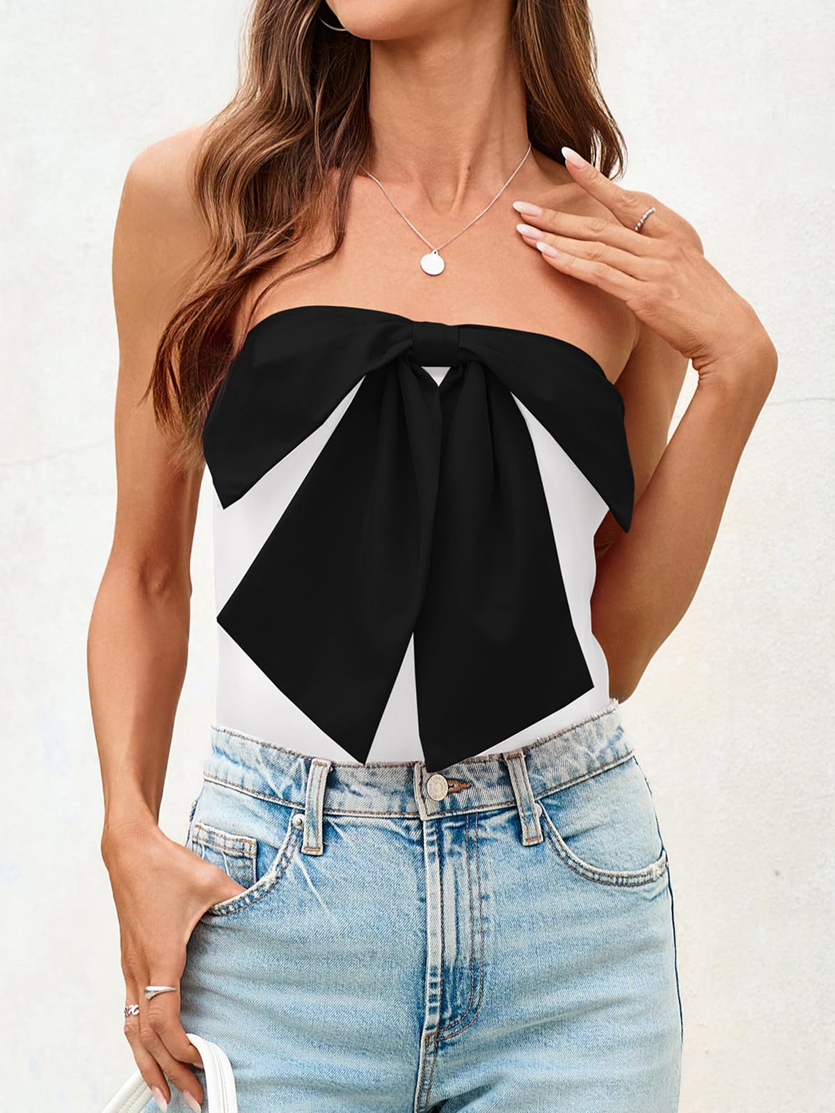 Cute Bow Strapless Tube Top - Cropped Fitted Y2K Bandeau Tank Tops Backless Corset Shirts