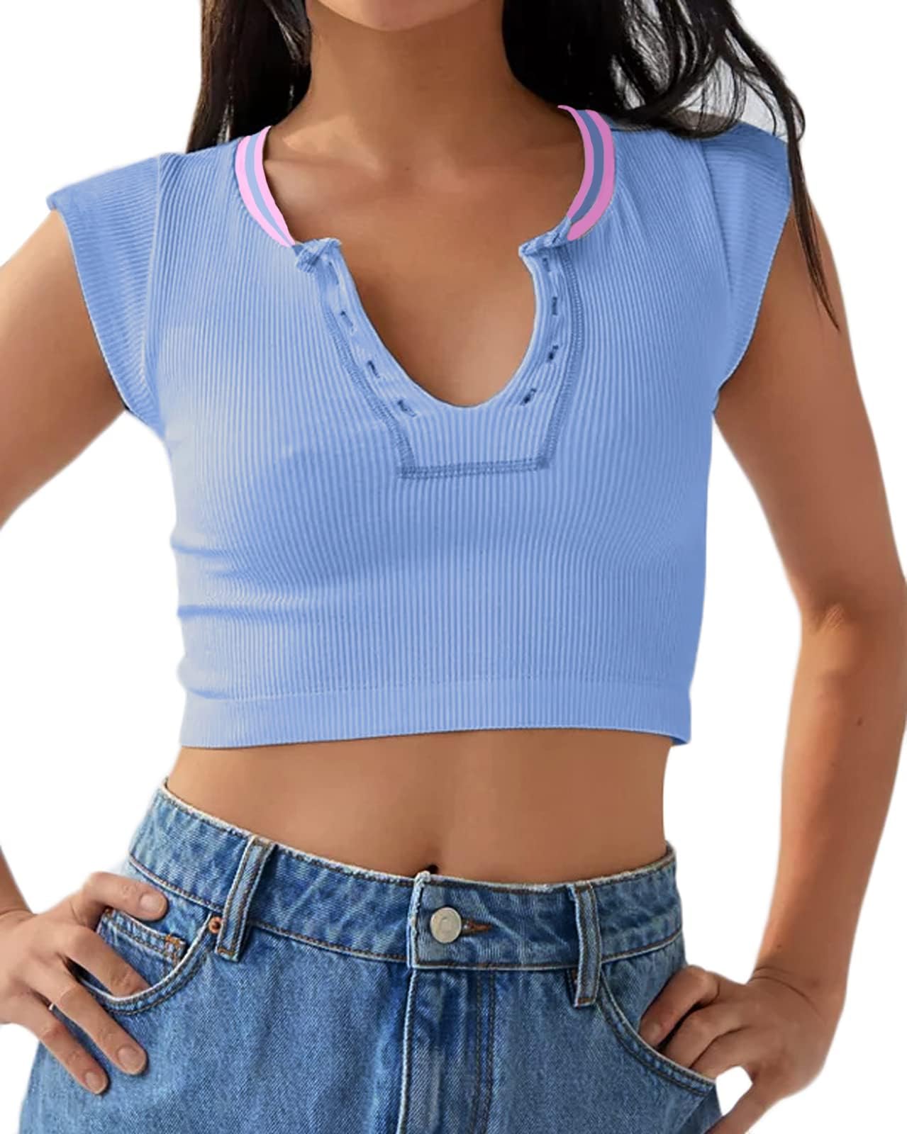 Crop Top Crew Neck T-Shirt Short Sleeve - Ribbed Knit Basic Crop Tank Top