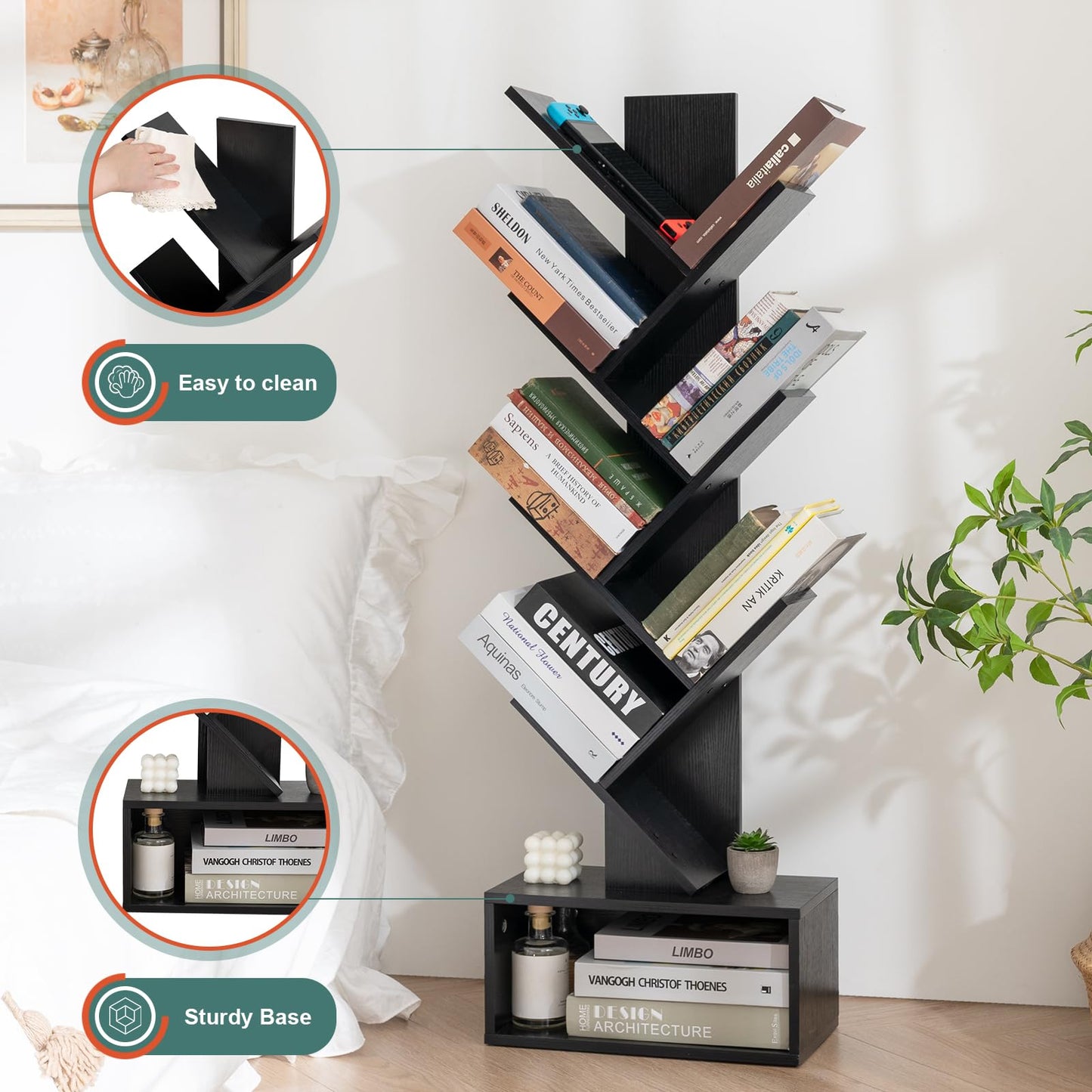 Tree Bookshelf - 6 Shelf Retro Floor Standing Bookcase, Tall Wood Book Storage Rack