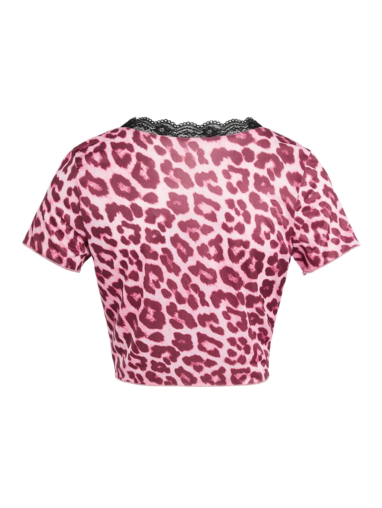 Women's Y2k Lace Leopard Print Deep V Neck Tie Front Short Sleeve Shirt