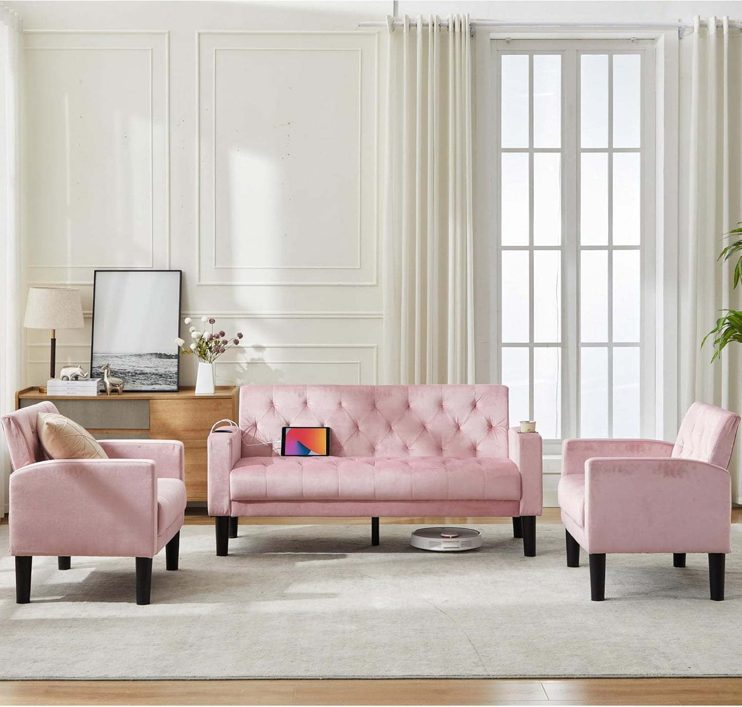 Loveseat Sofa w/ 2 USB Charger Ports and 2 Cupholders, Mid-Century Modern Tufted Pink Velvet