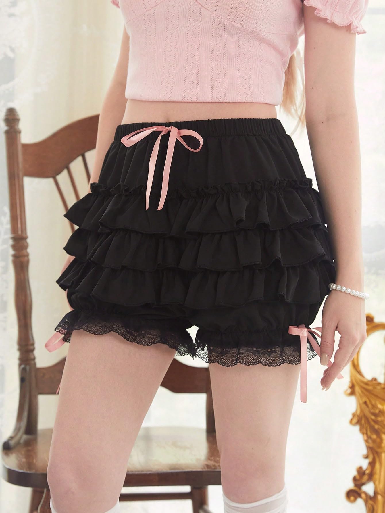 Women's Bow Front Tiered Ruffled Shorts Lace Drawstring Waist Shorts