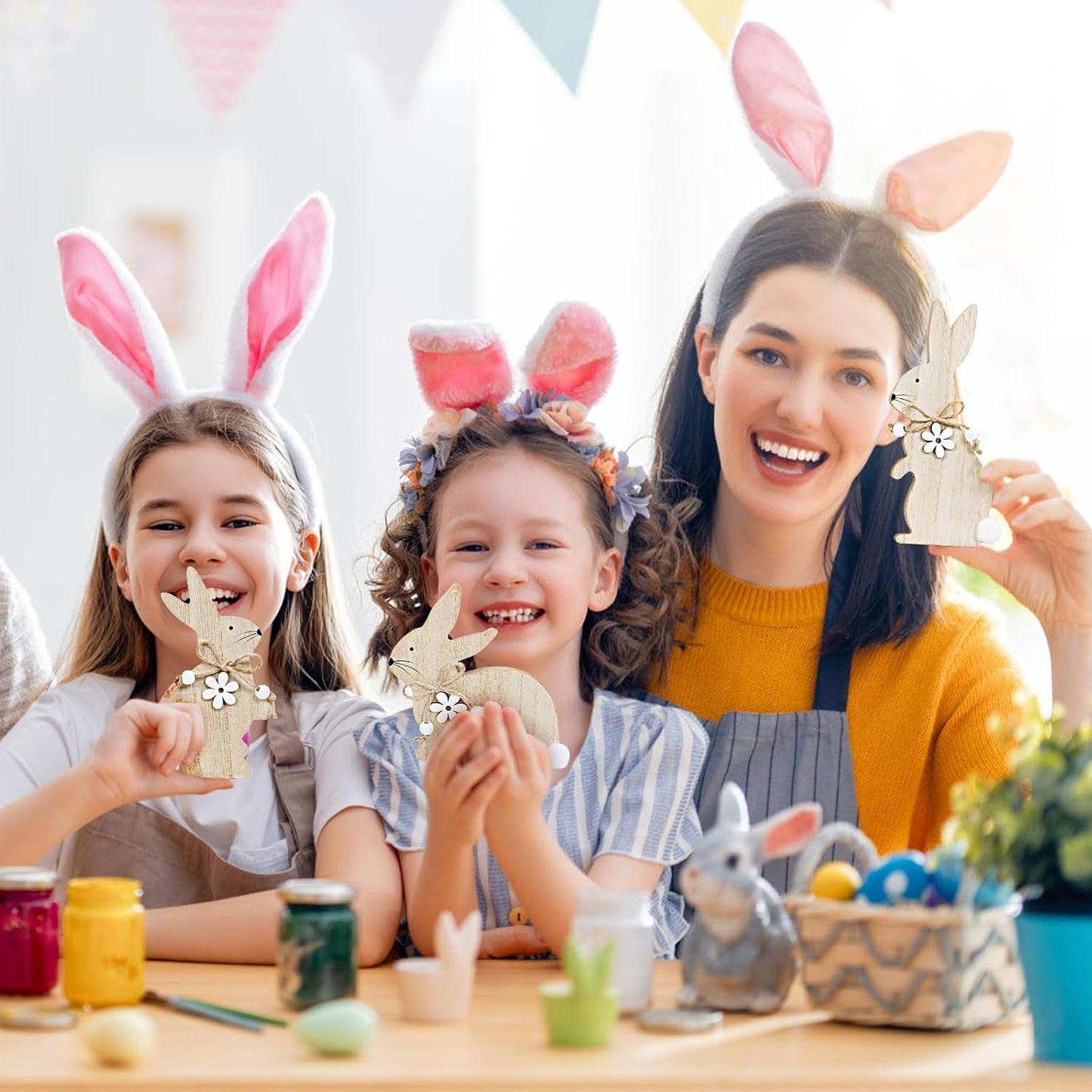 Easter Bunny Table Wooden Sign Decorations for Home, 3 Pieces Rabbit with Pompom Ball