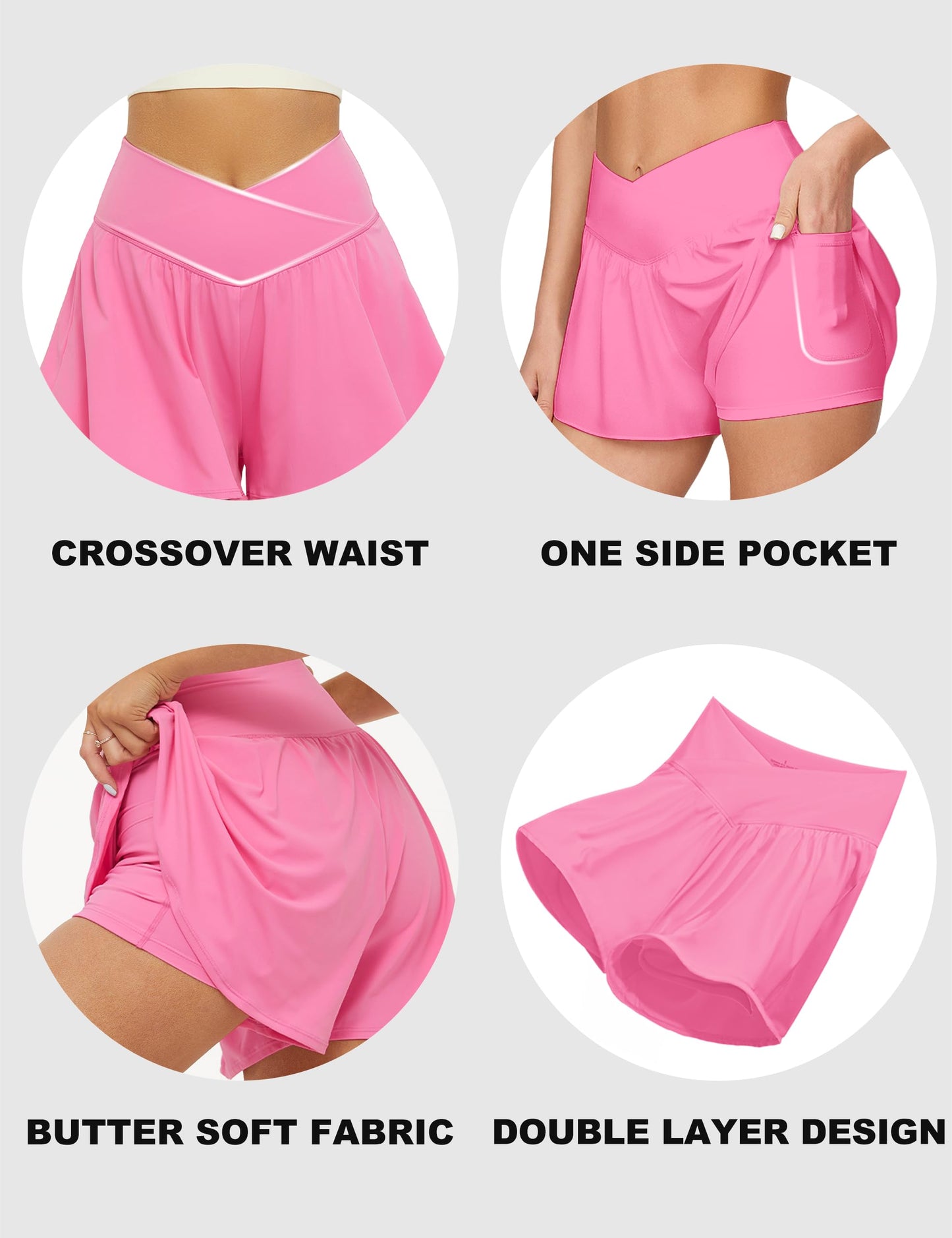 Crossover Athletic Shorts for Women – 2-in-1 Flowy Running Shorts with Pockets & Spandex Tennis Skorts