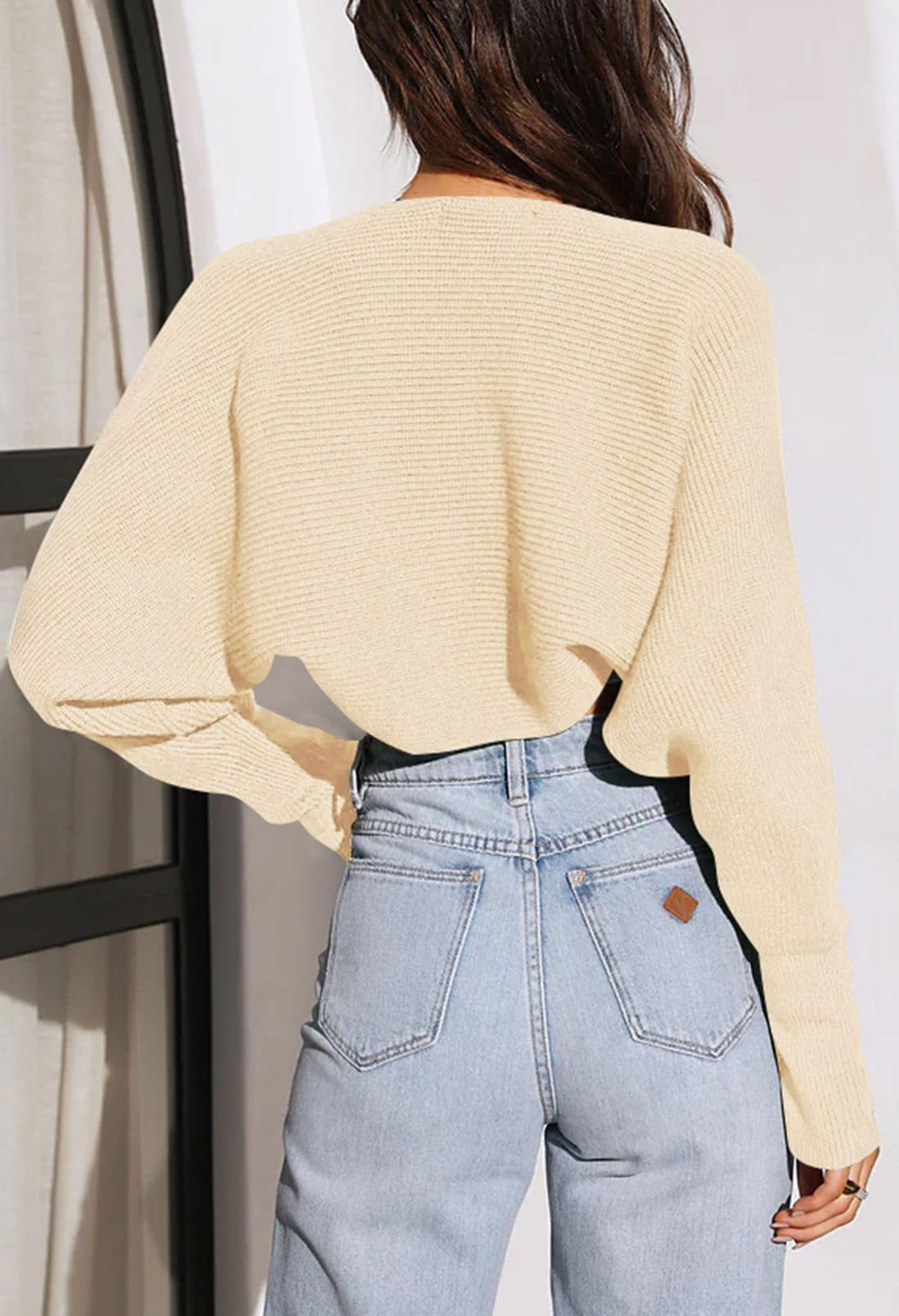 Open Front Batwing Long Sleeve Ribbed Knit Cropped Shrugs