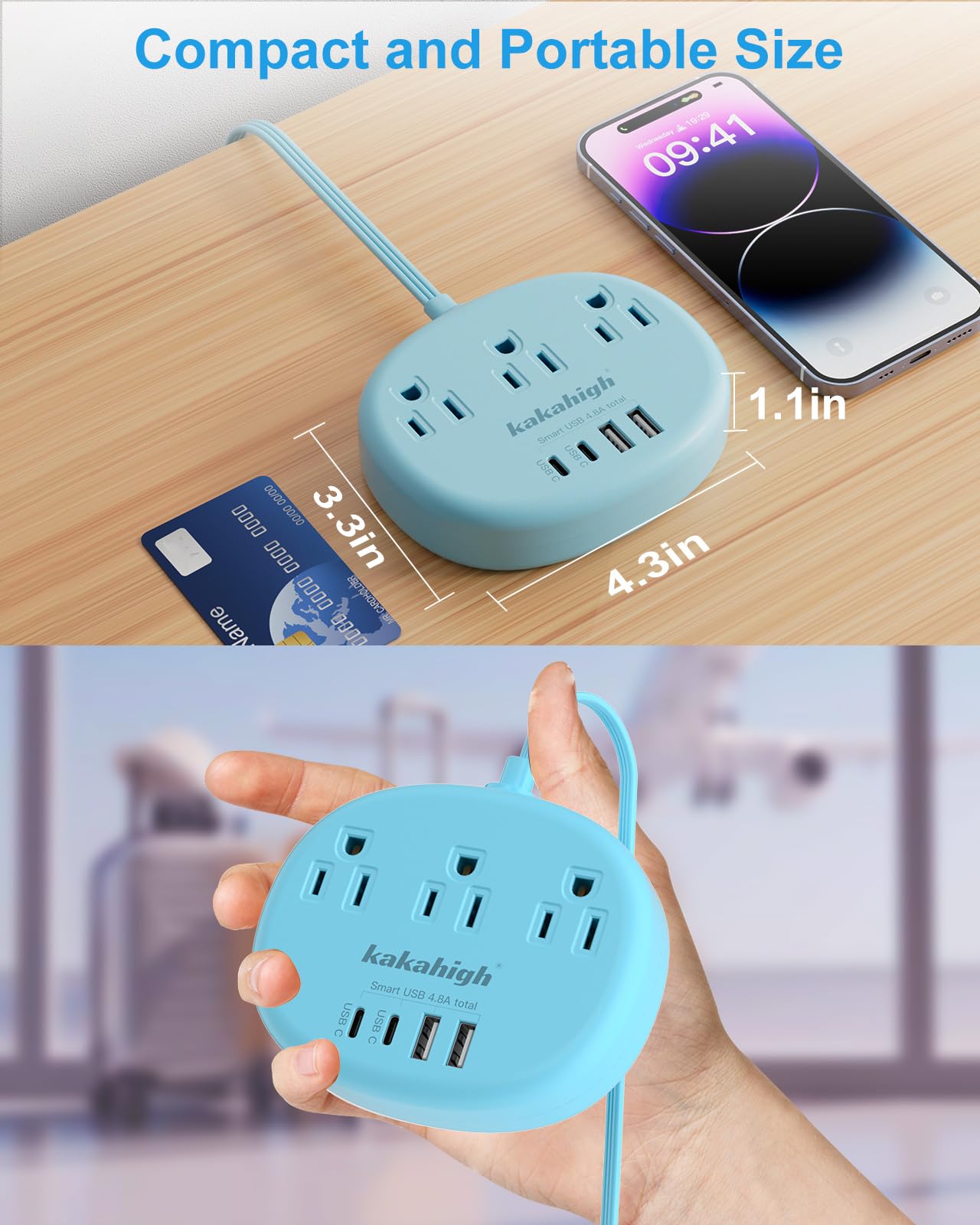 Cute Surge Protector – 5FT Flat Extension Cord, 3 Outlets, 4 USB Ports (24W)