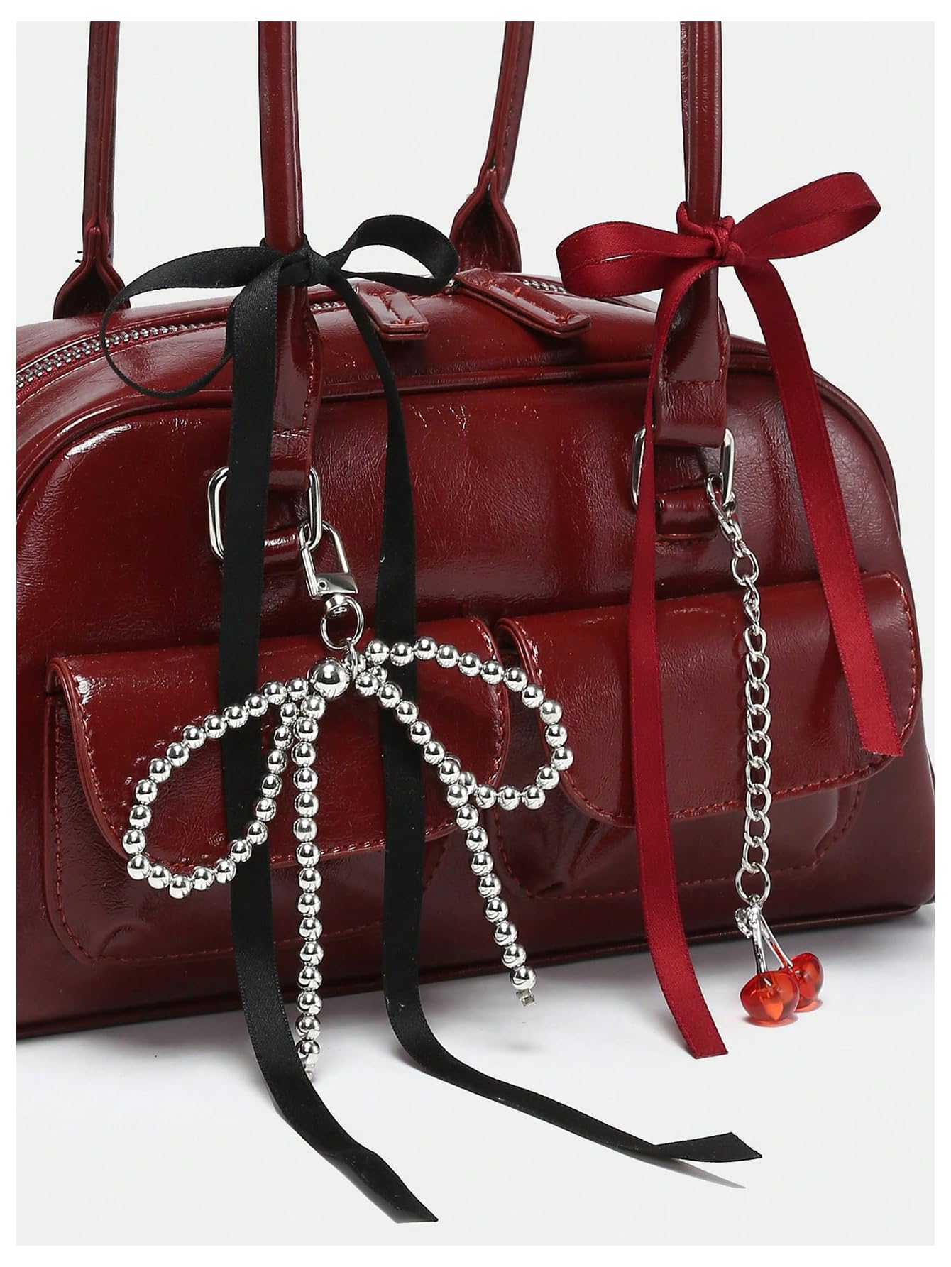 Women's Y2K Bow Knot Shoulder Bag Zipper Double Handle Handbag PU Leather Purse