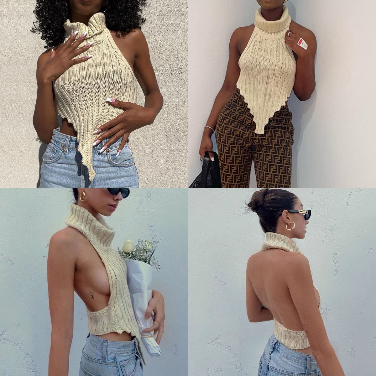 Sexy Halter Knitted Turtleneck Crop Tank Tops Irregular Cut Out Backless Camisole