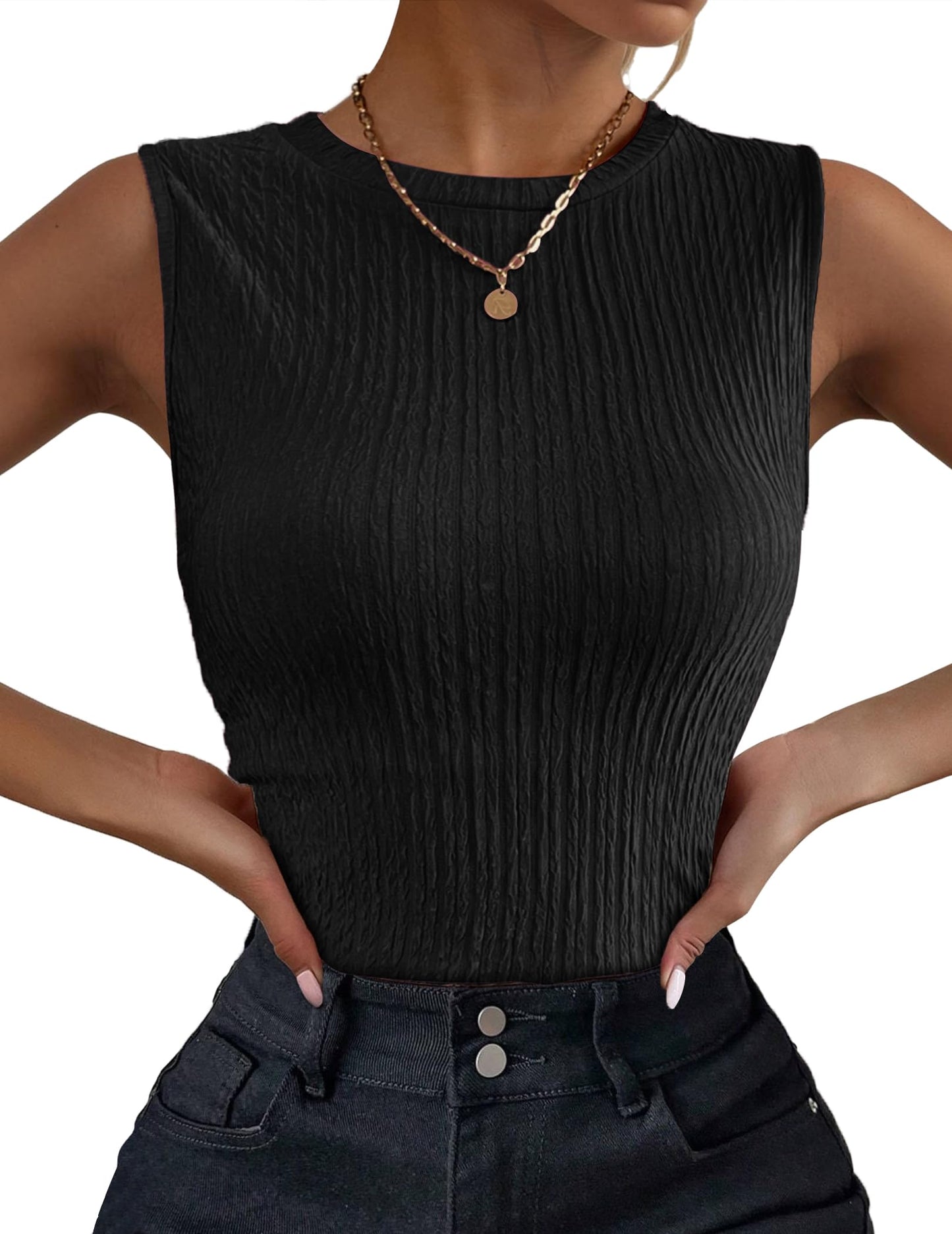 Women's High Neck Tank Top Ribbed Knit Slim Fitted Basic Textured Sleeveless Shirts