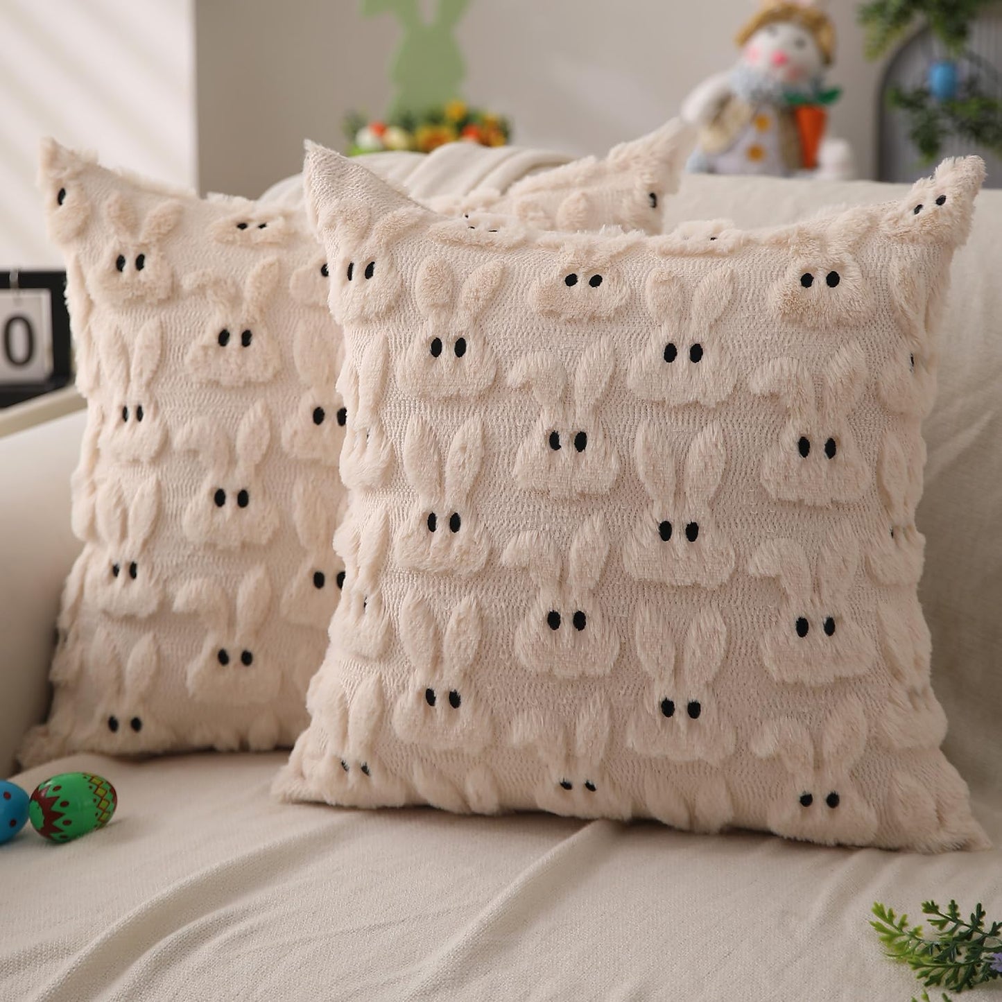 Easter Bunny Pillow Covers | Set of 2 Easter Soft Plush Faux Fur Jacquard Throw Pillows