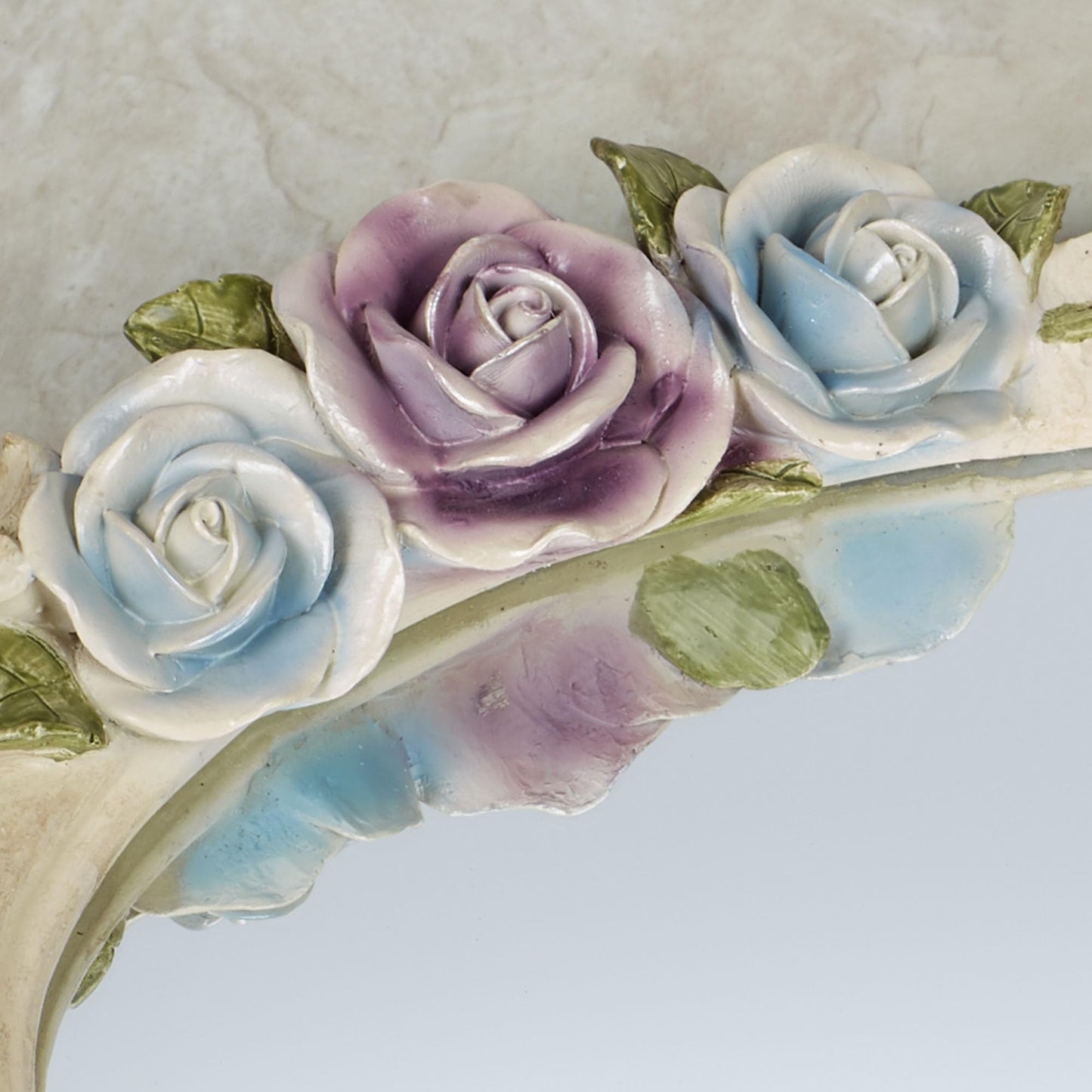 Rose Antique Charming Floral Mirrored Vanity Tray Purple and Blue on Ivory