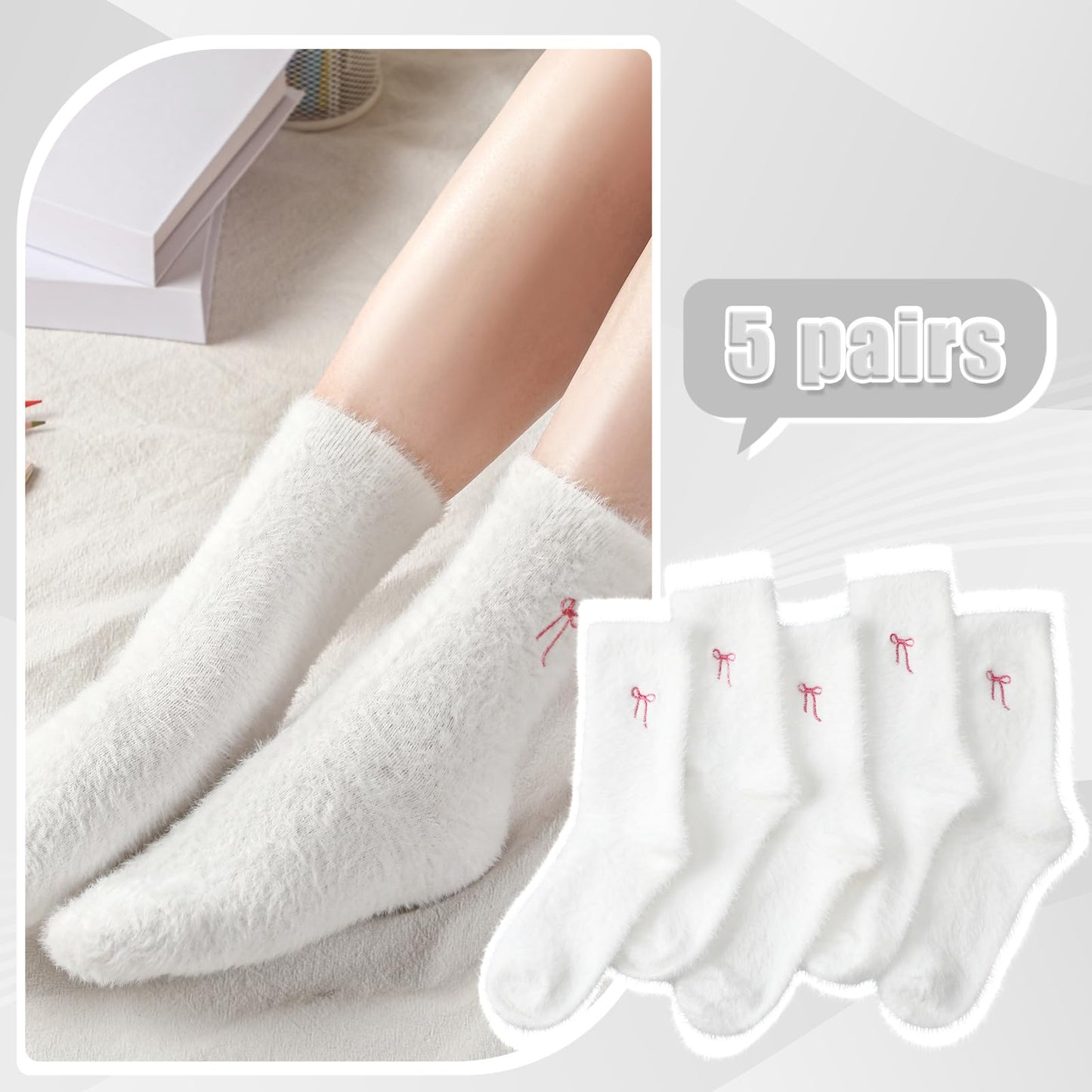 Women's Bow Fuzzy Socks Winter Crew Slipper Socks Coquette 5 Pcs