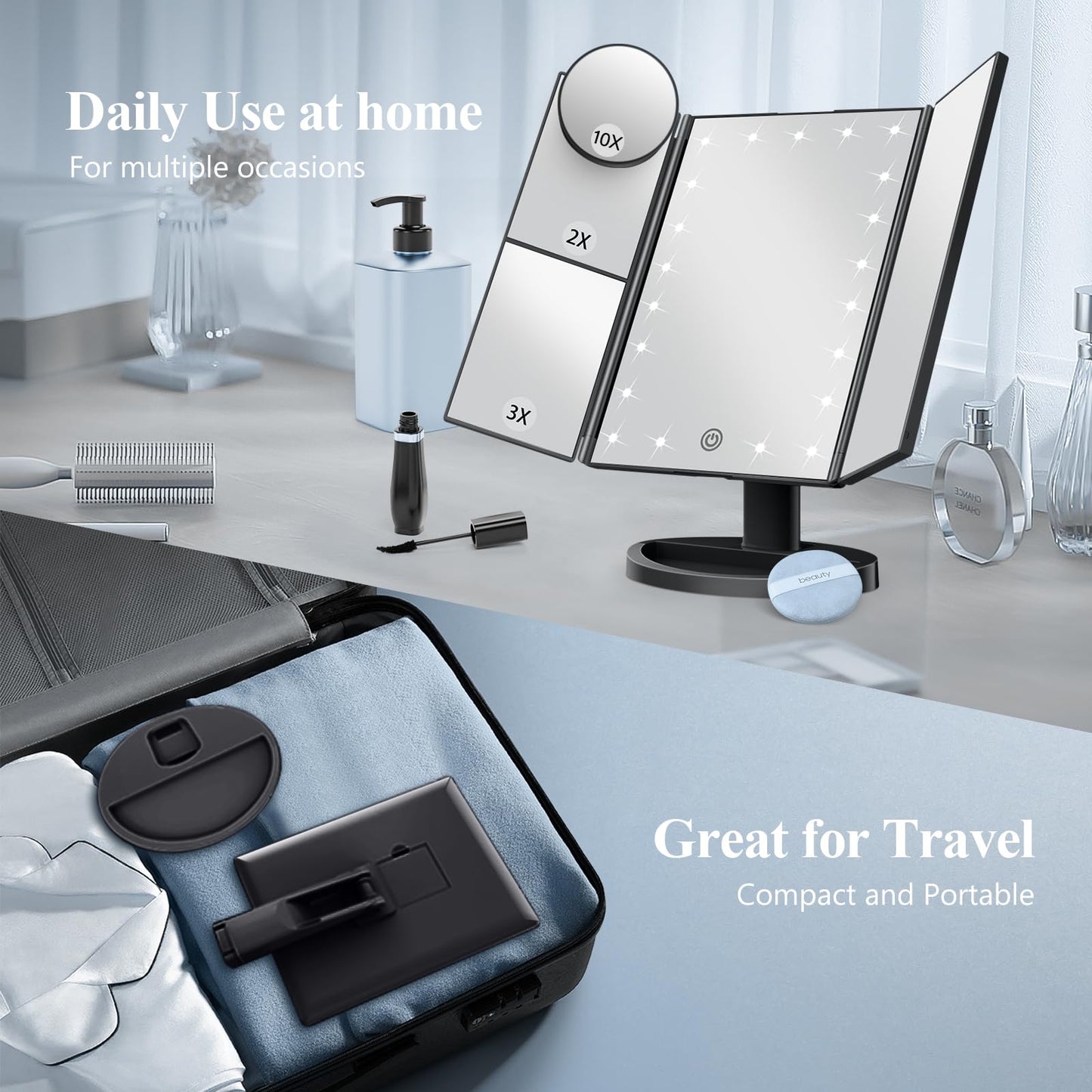 Makeup Mirror Vanity with Lights, 2X 3X 10X Magnification, Lighted Mirror, Touch Control, Trifold Dual Power Supply, Portable LED