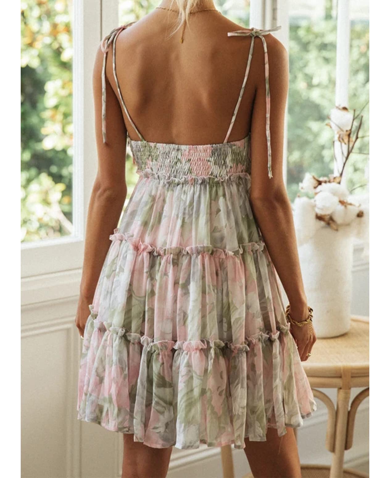 Womens Summer Floral Mini Dress Boho Flowy Skater Dresses Short Sleeveless Ruffle Spaghetti Strap Dress