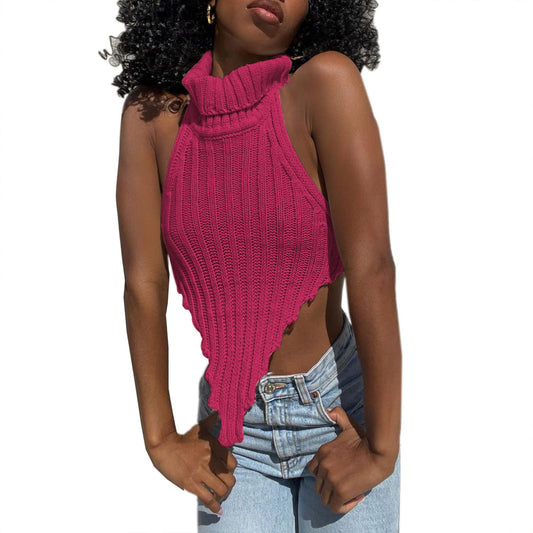 Sexy Halter Knitted Turtleneck Crop Tank Tops Irregular Cut Out Backless Camisole