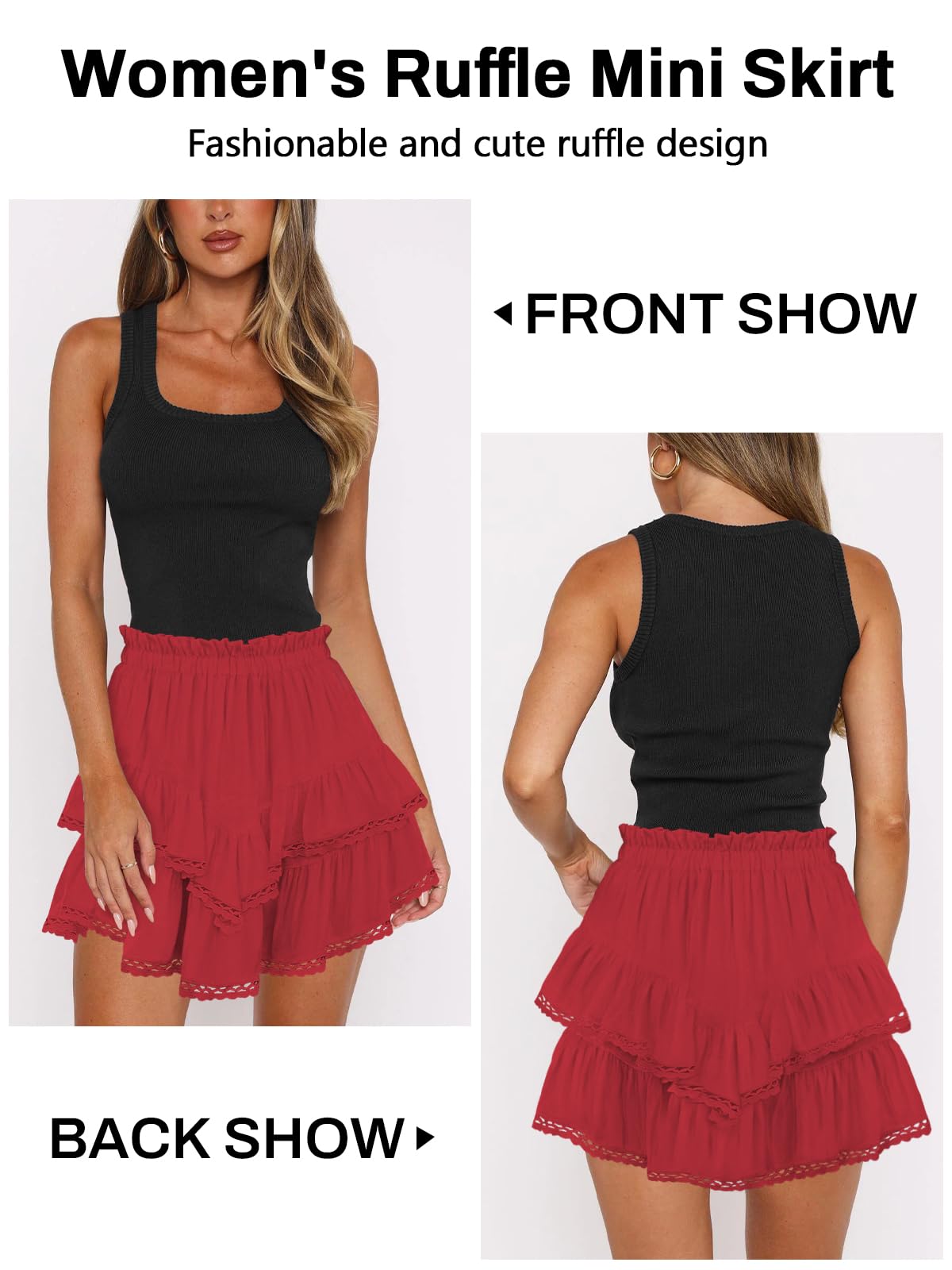 Women's High Waist Ruffle Mini Skirt Lace Trim Flowy Shorts