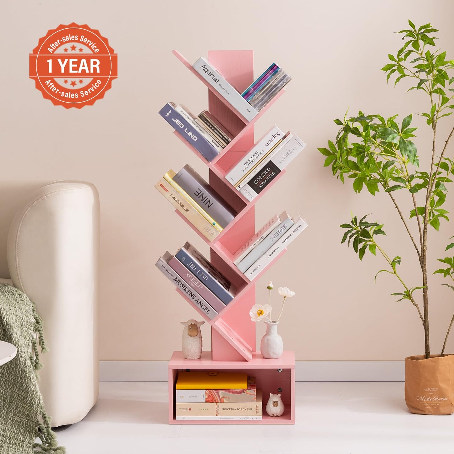 Tree Bookshelf - 6 Shelf Retro Floor Standing Bookcase, Tall Wood Book Storage Rack