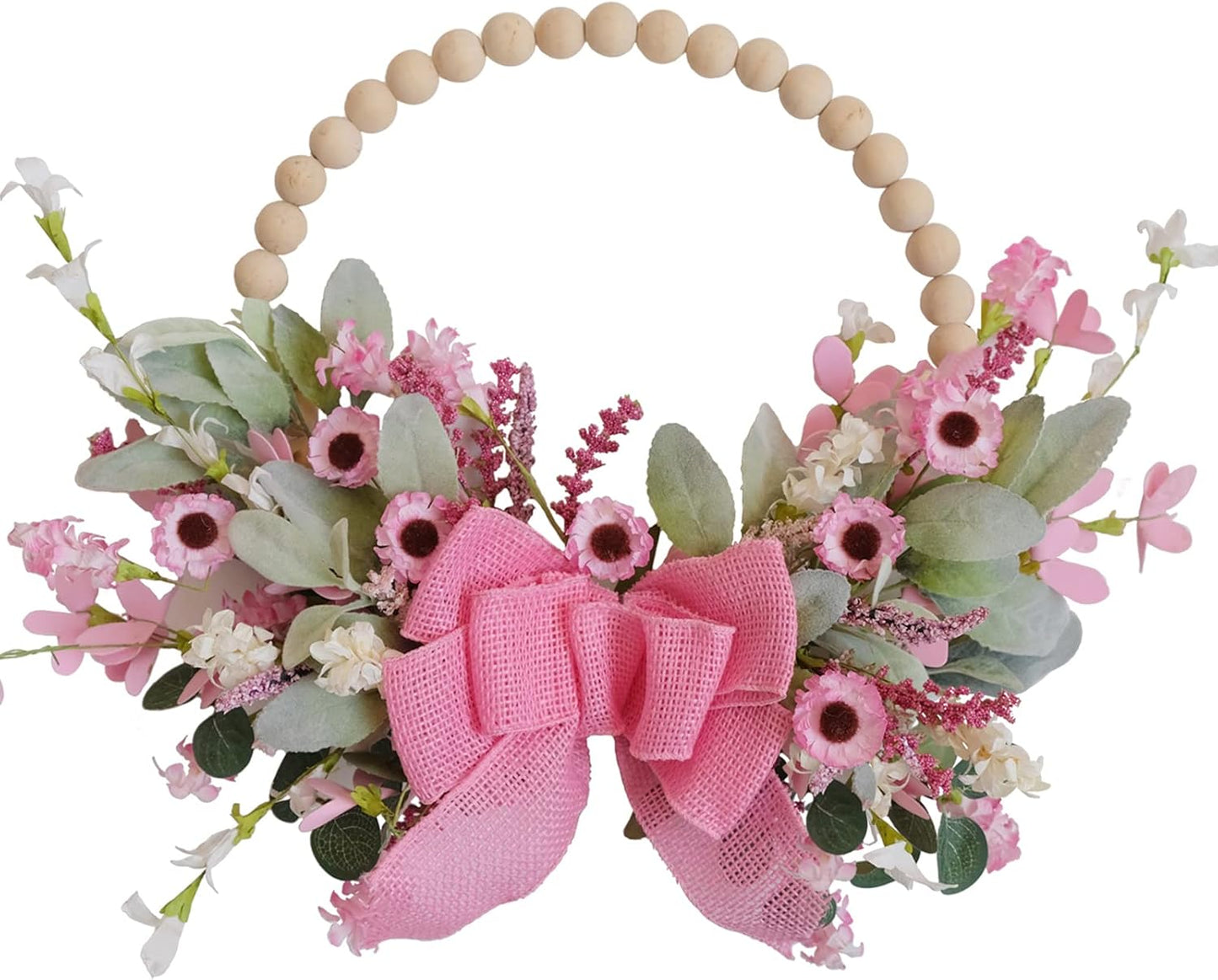 Spring Pink Daisy Burlap Bow Wreath Wooden Beaded Door Wreath