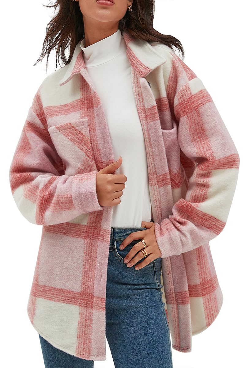 Women's Casual Flannel Plaid Shacket Button Down Long Sleeve Shirt Jacket Coats with Pockets