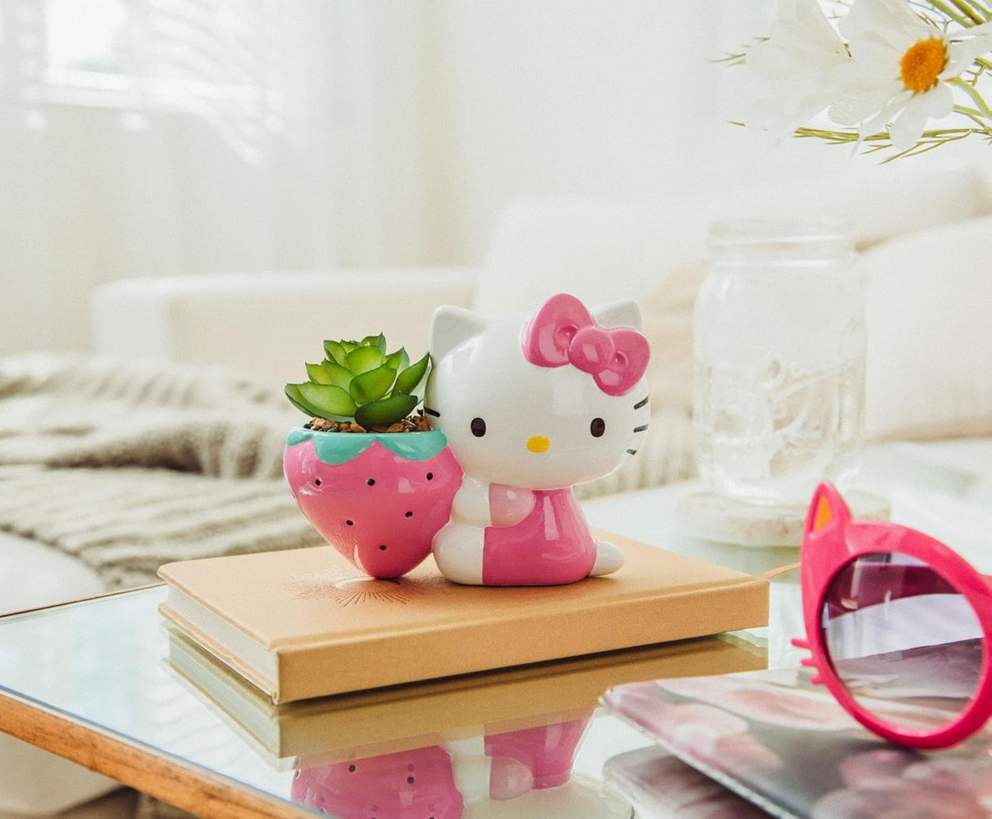 Hello Kitty Strawberry 5-Inch Ceramic Planter with Artificial Succulent | Cute Flower Pot, Faux Indoor Plants