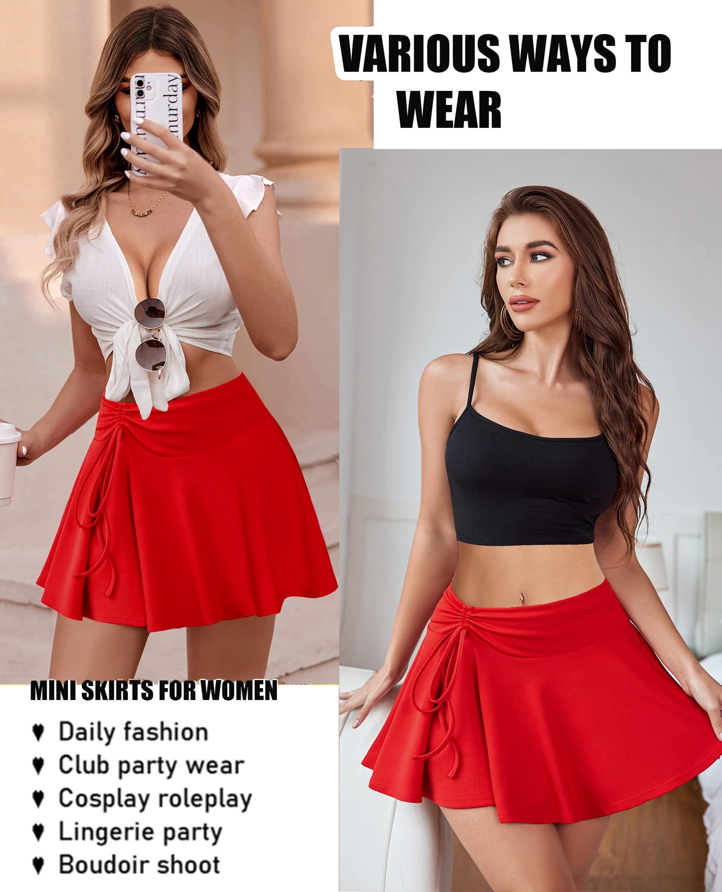 Sexy Mini Skirt Pleated Drawstring High Waist Skater Skirt