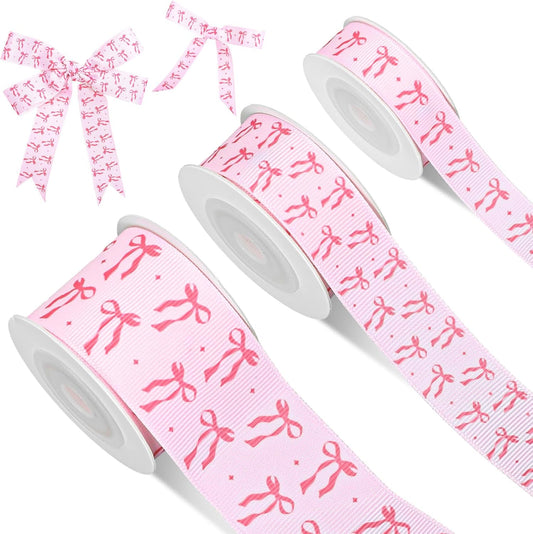 Set of 3 Pink Bow Grosgrain Ribbons – 15 Yards for Crafts, Gift Wrapping, and Party Decorations