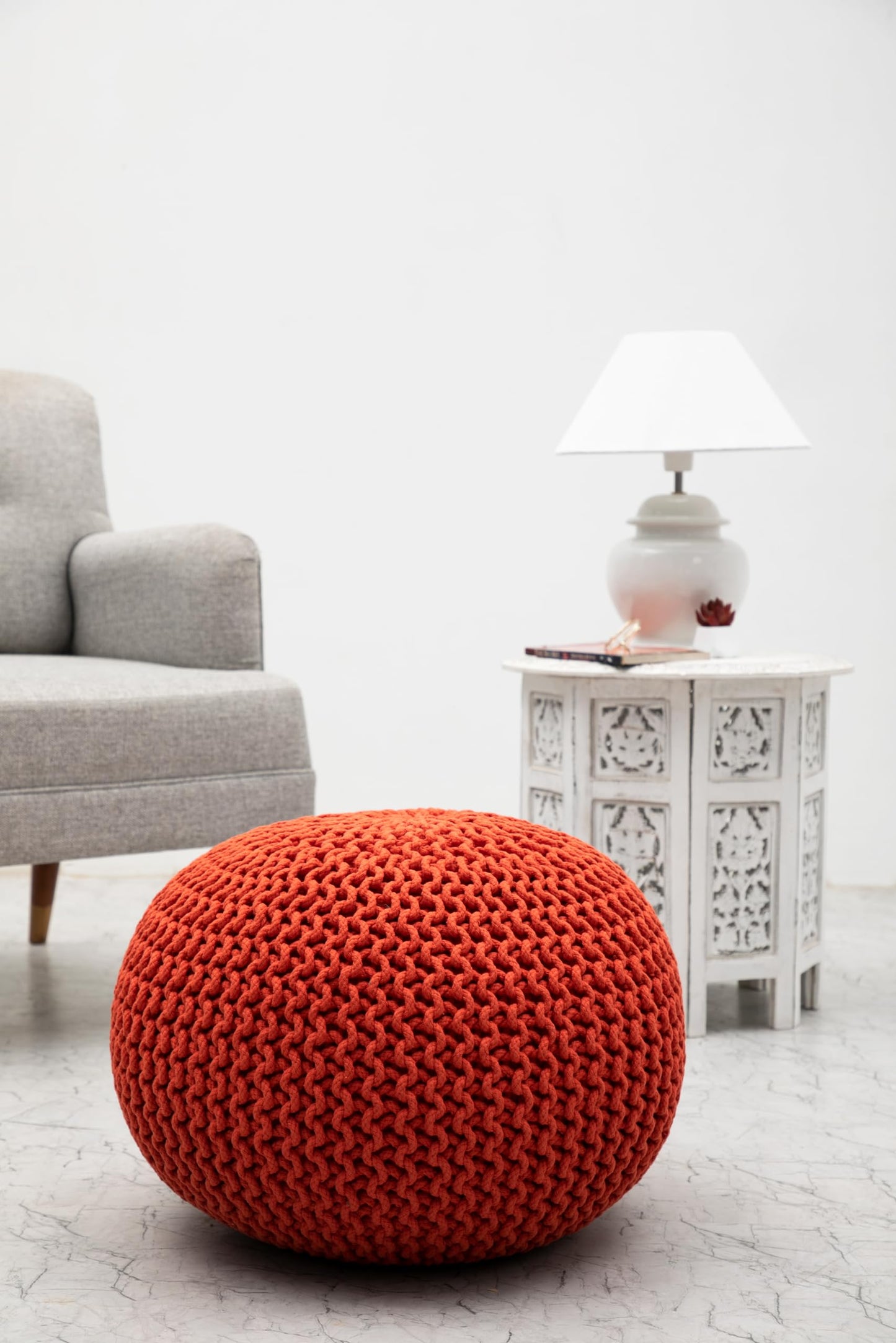 Hand-Knitted Cotton Round Pouf – Braid Cord Ottoman, Footrest, and Accent Seat for Living Room, Nursery, Kids Room, or Dorm Décor – 20x14