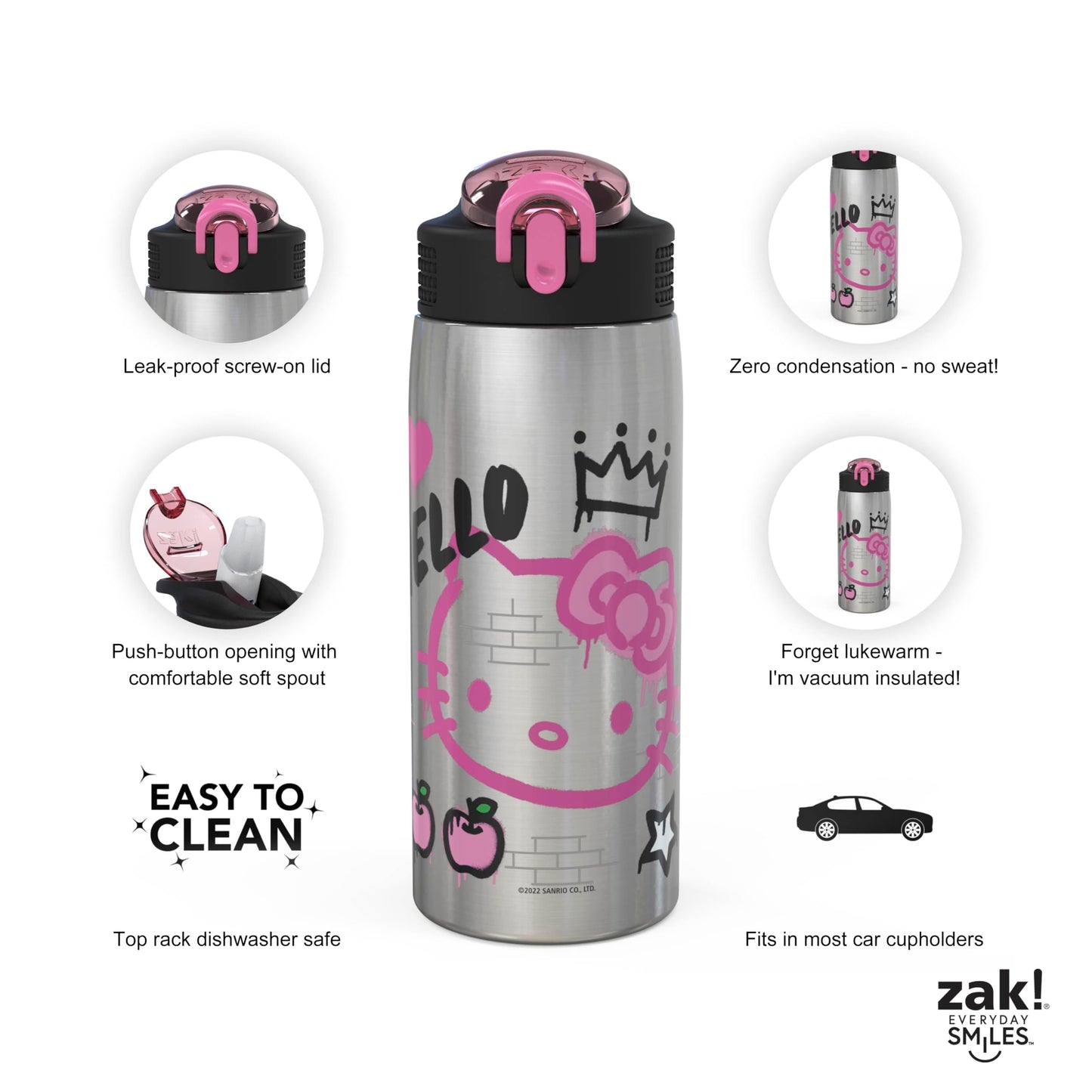 Sanrio Water Bottle, 19 oz Vacuum Insulated Stainless Steel with Locking Spout Cover, Built-In Carrying Loop, Leak-Proof Design