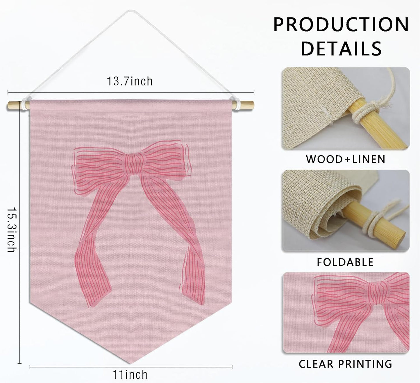 Coquette Pink Bow Canvas Hanging Pennant Flag Banner