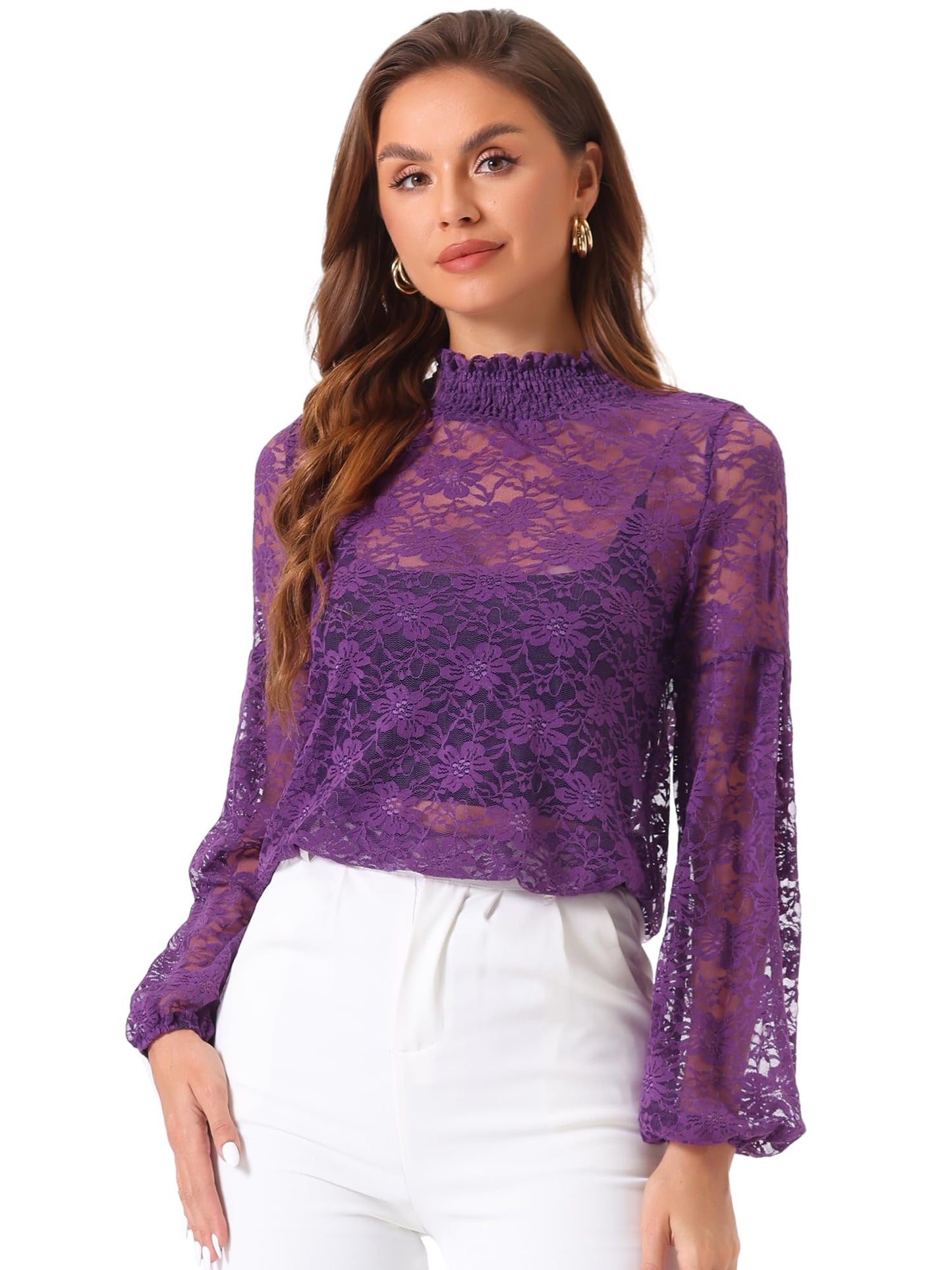 Floral Lace Top Turtleneck Puff Long Sleeve See Through Sheer Blouse