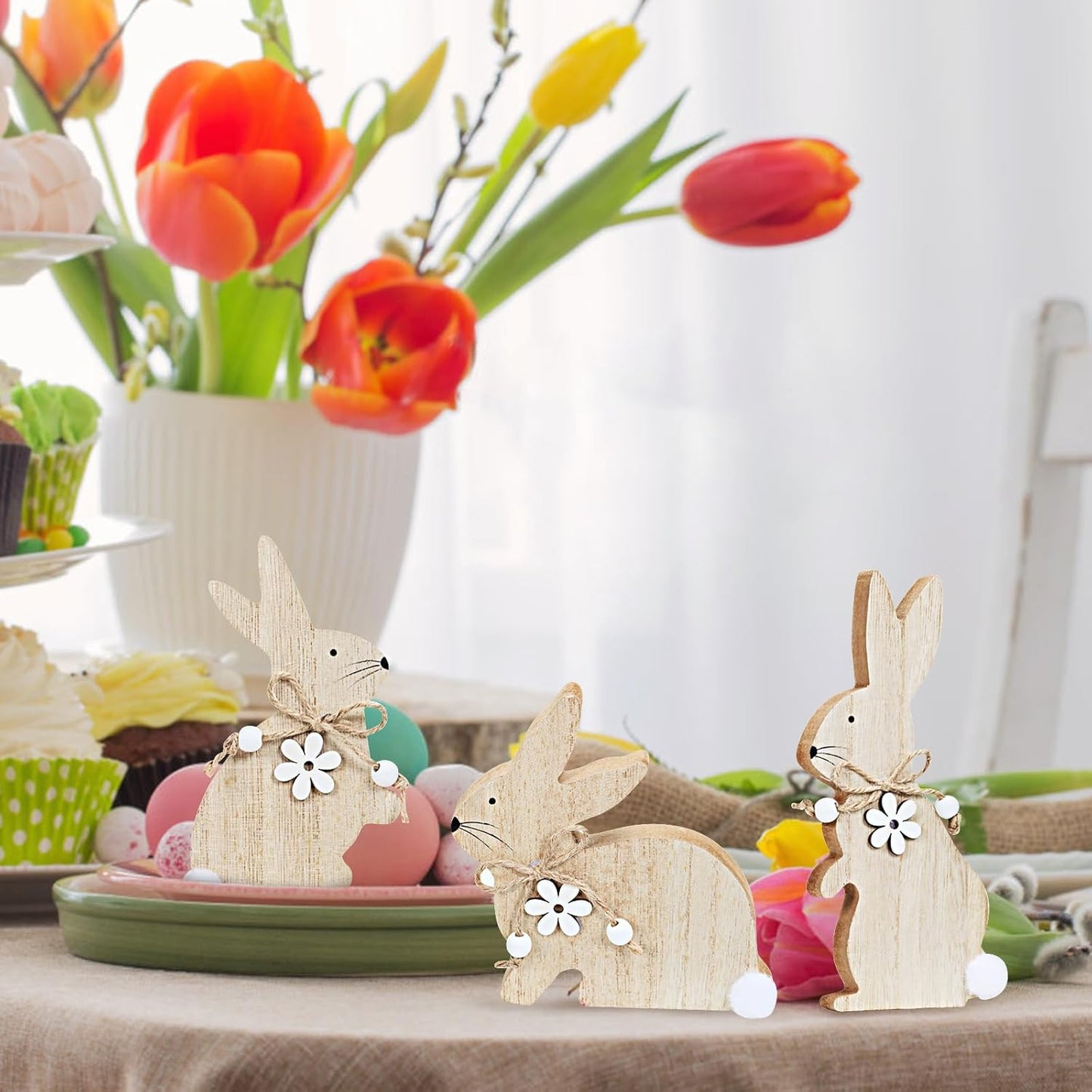 Easter Bunny Table Wooden Sign Decorations for Home, 3 Pieces Rabbit with Pompom Ball