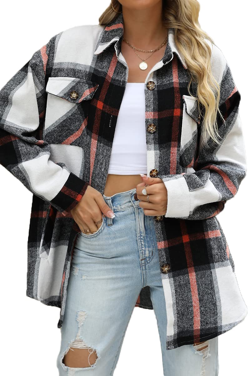 Women's Casual Flannel Plaid Shacket Button Down Long Sleeve Shirt Jacket Coats with Pockets