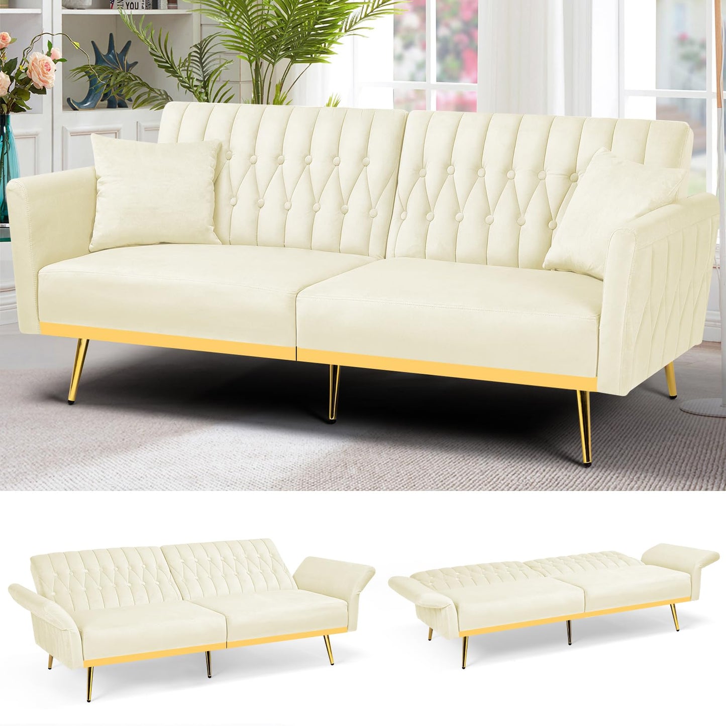 Velvet Futon Sofa Bed with 2 Pillows and Adjustable Armrests, 70”