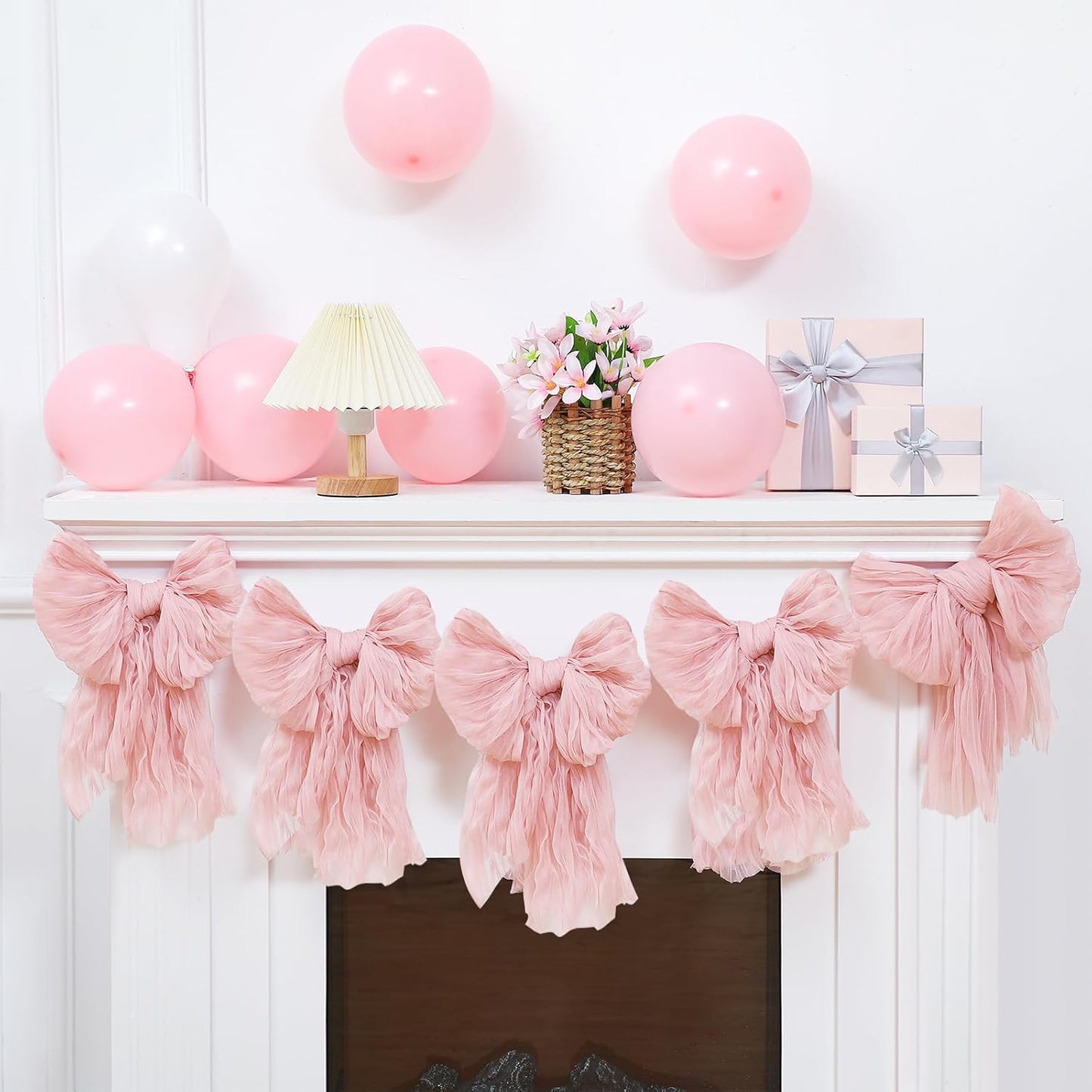 Pink Bow Garland Banner for Coquette Theme Pink Bow Party Hanging Swirls Decorations