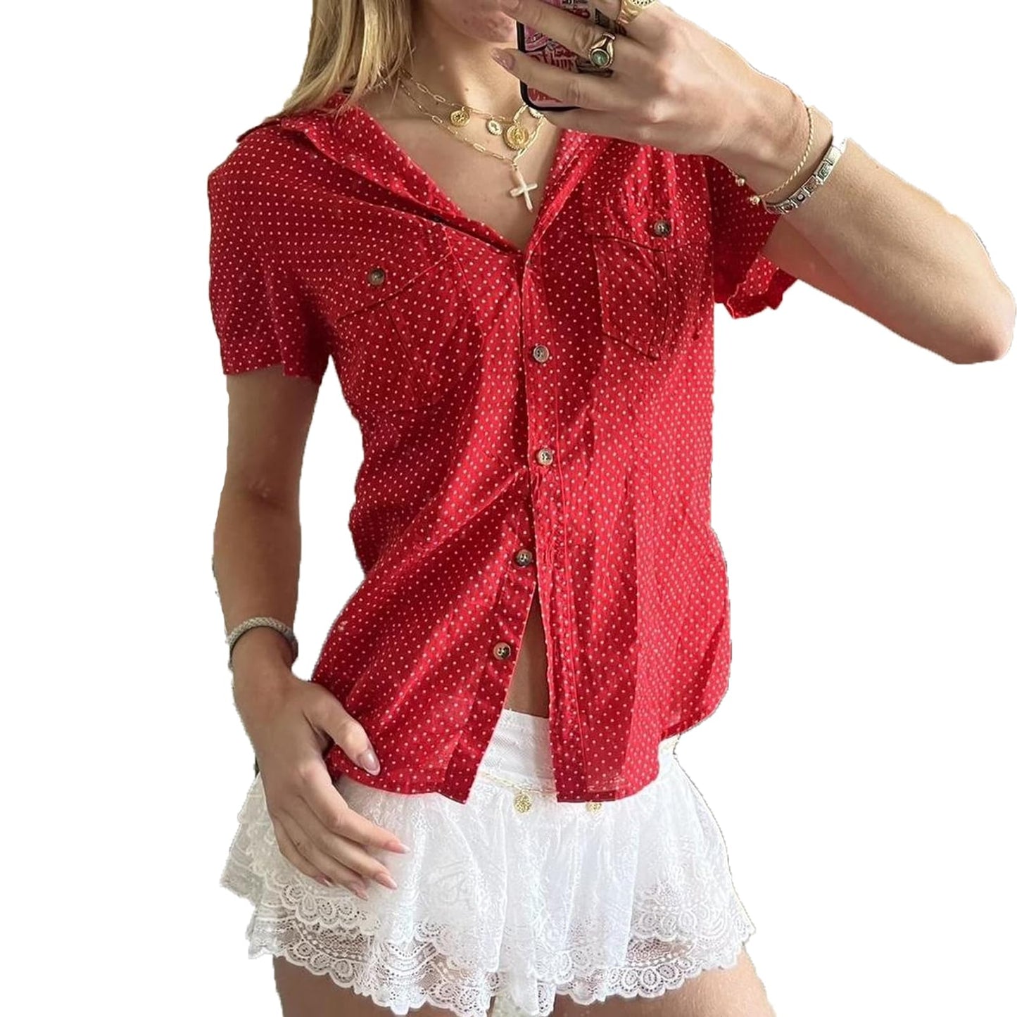 Women Y2k Coquette Button Down Shirt Cute Button Up Cap Sleeve V Neck Preppy Slim Fit Summer 90s Crop Top Blouse