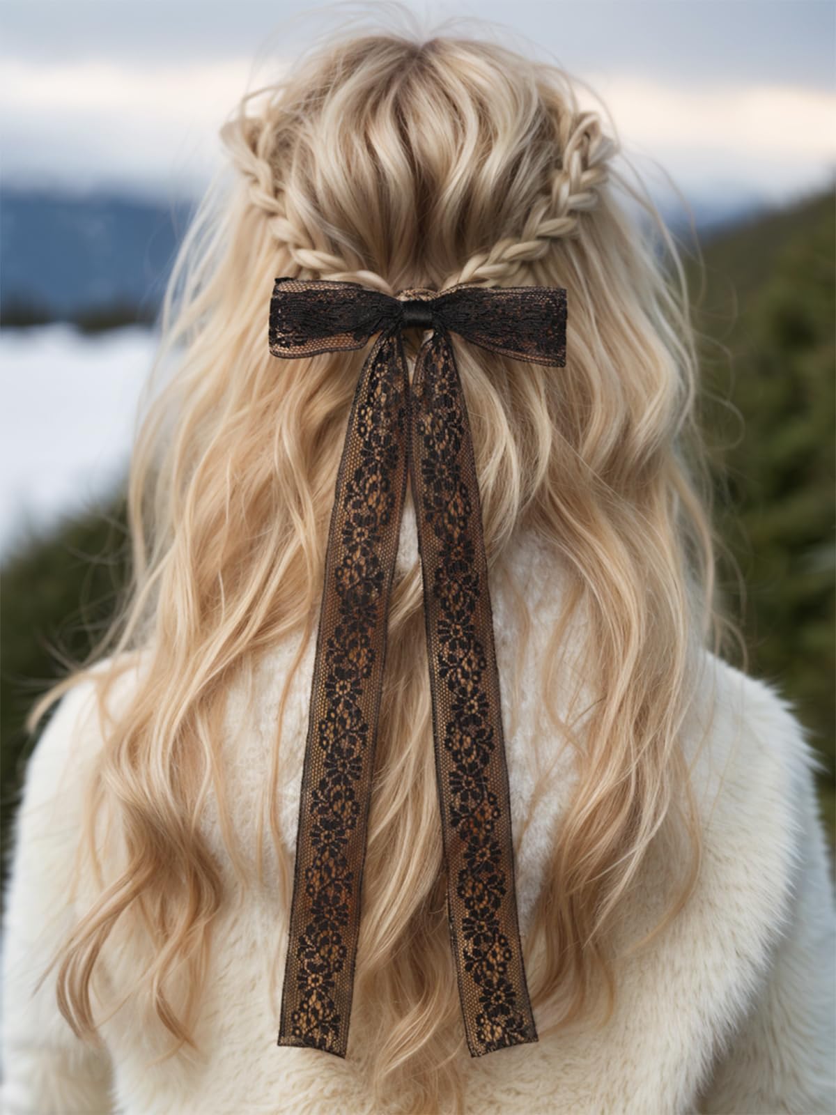 Lace Tulle Hair Bows with Long Tail Ribbons, Metal Bowknot and Tassel Barrettes