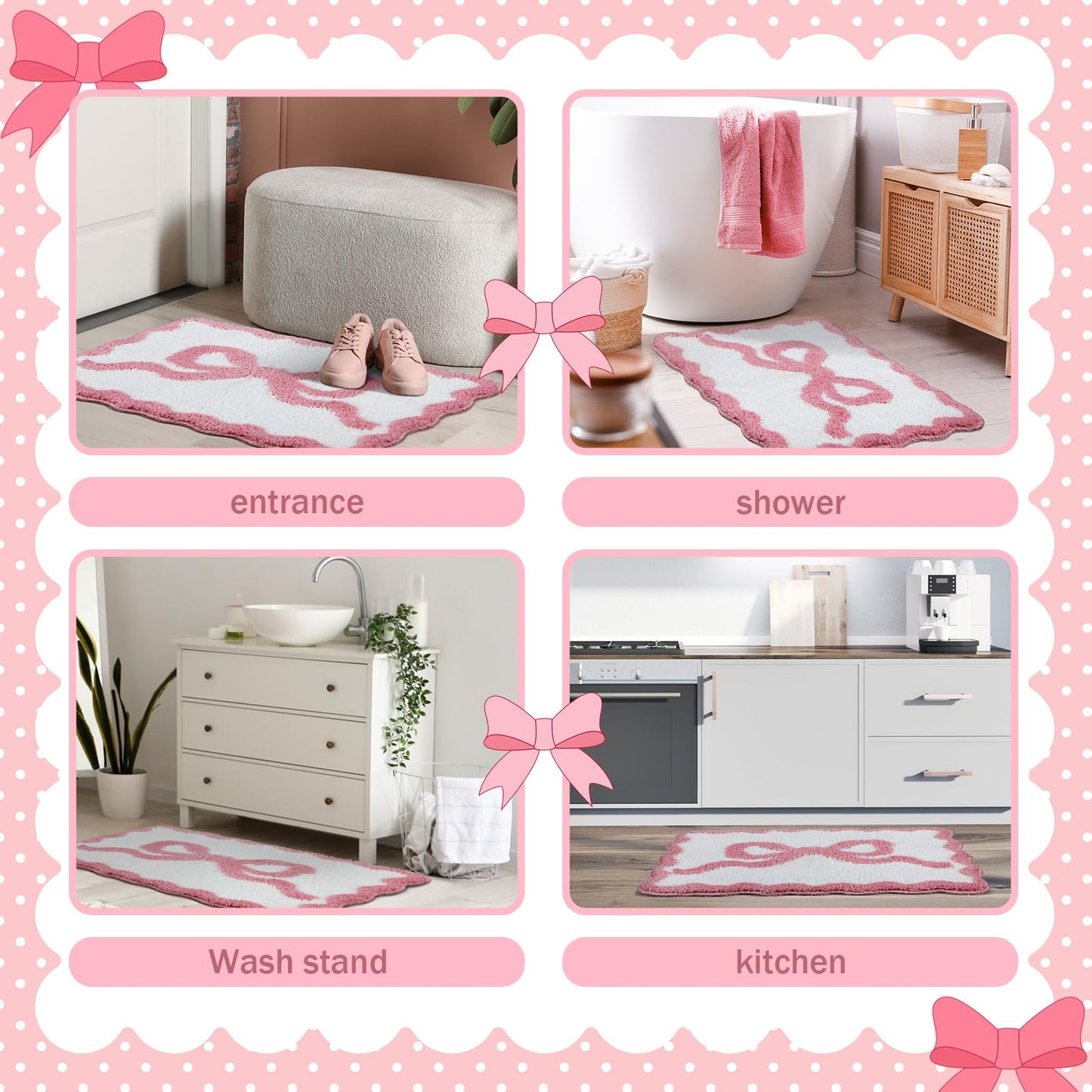 Cute Aesthetic Scalloped Bow Bathroom Mat Non Slip Coquette Bow Rug