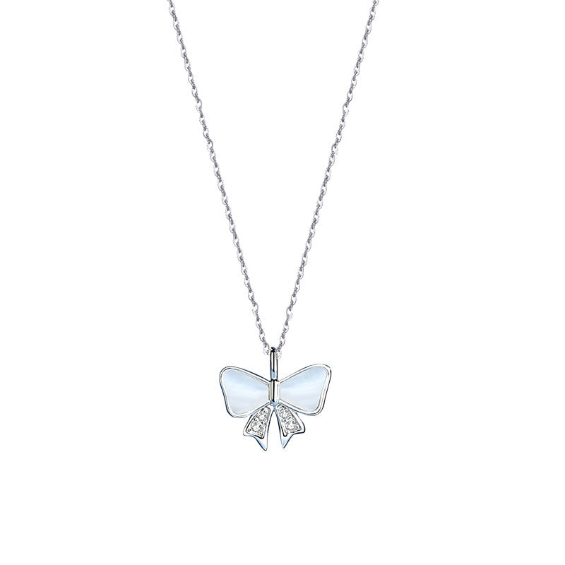 Women S925 Sterling Silver Bow White Shell Necklace