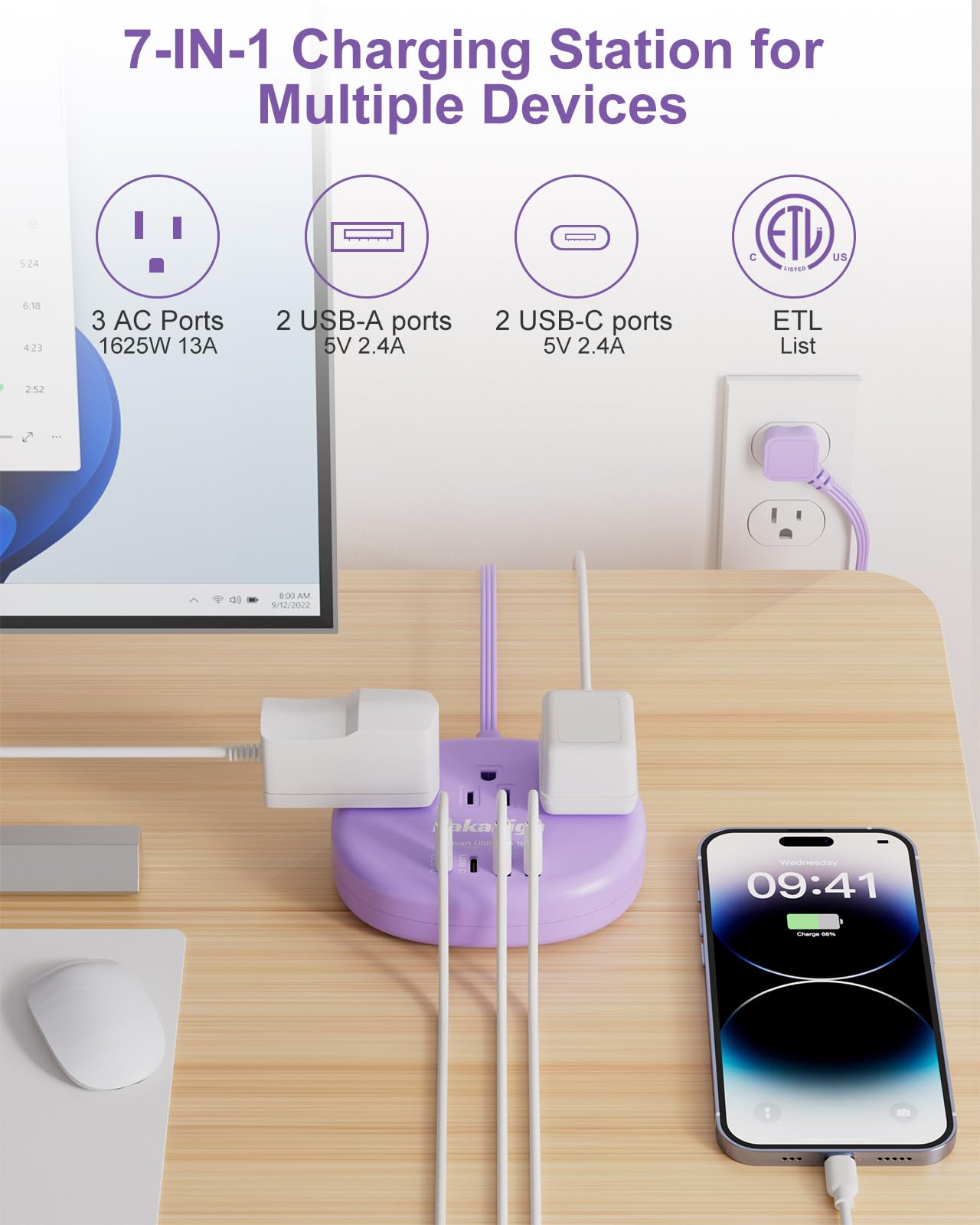 Cute Surge Protector – 5FT Flat Extension Cord, 3 Outlets, 4 USB Ports (24W)