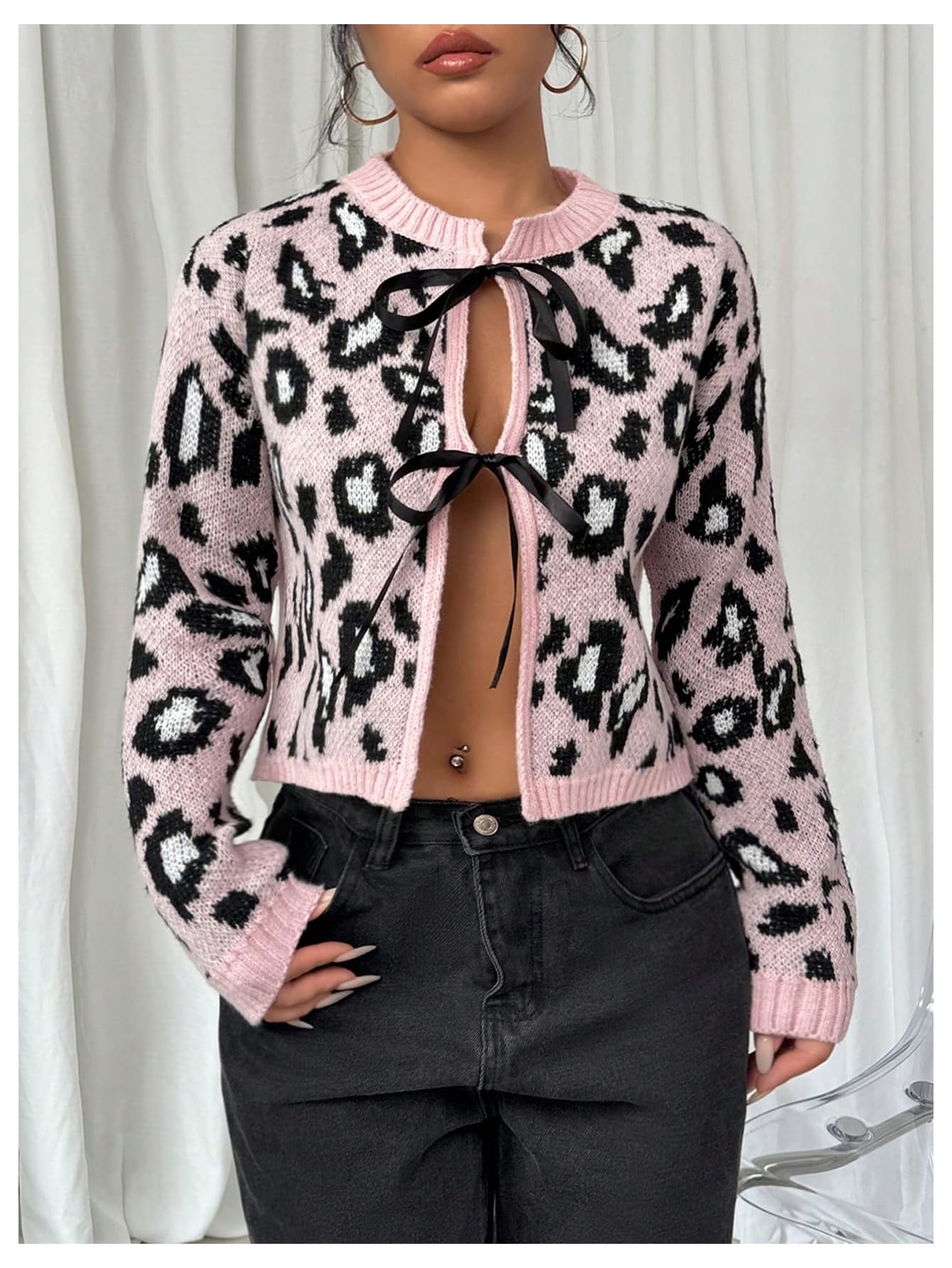 Women's Leopard Pattern Knot Front Cardigan Long Sleeve Round Neck Sweater