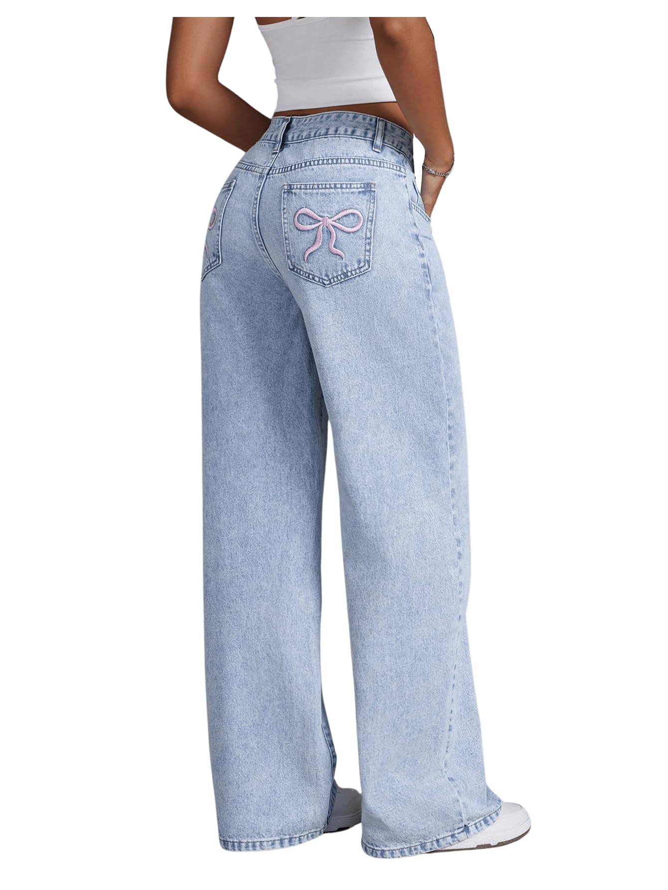 Women's Bowknot Embroidery Jeans - Y2k Straight Leg Boyfriend Denim Pants