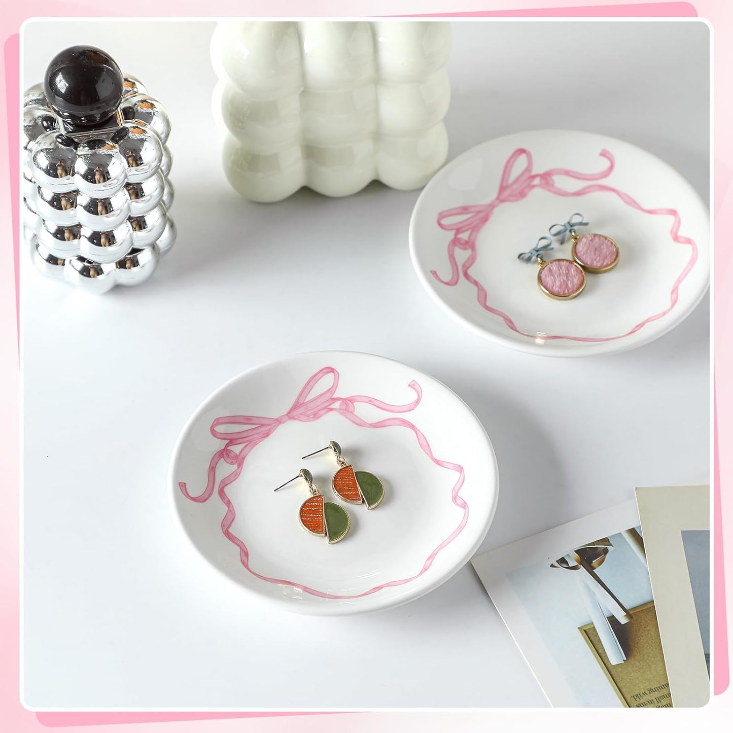 Pink Coquette Bow Dish White Round Ceramic Trinket Dish