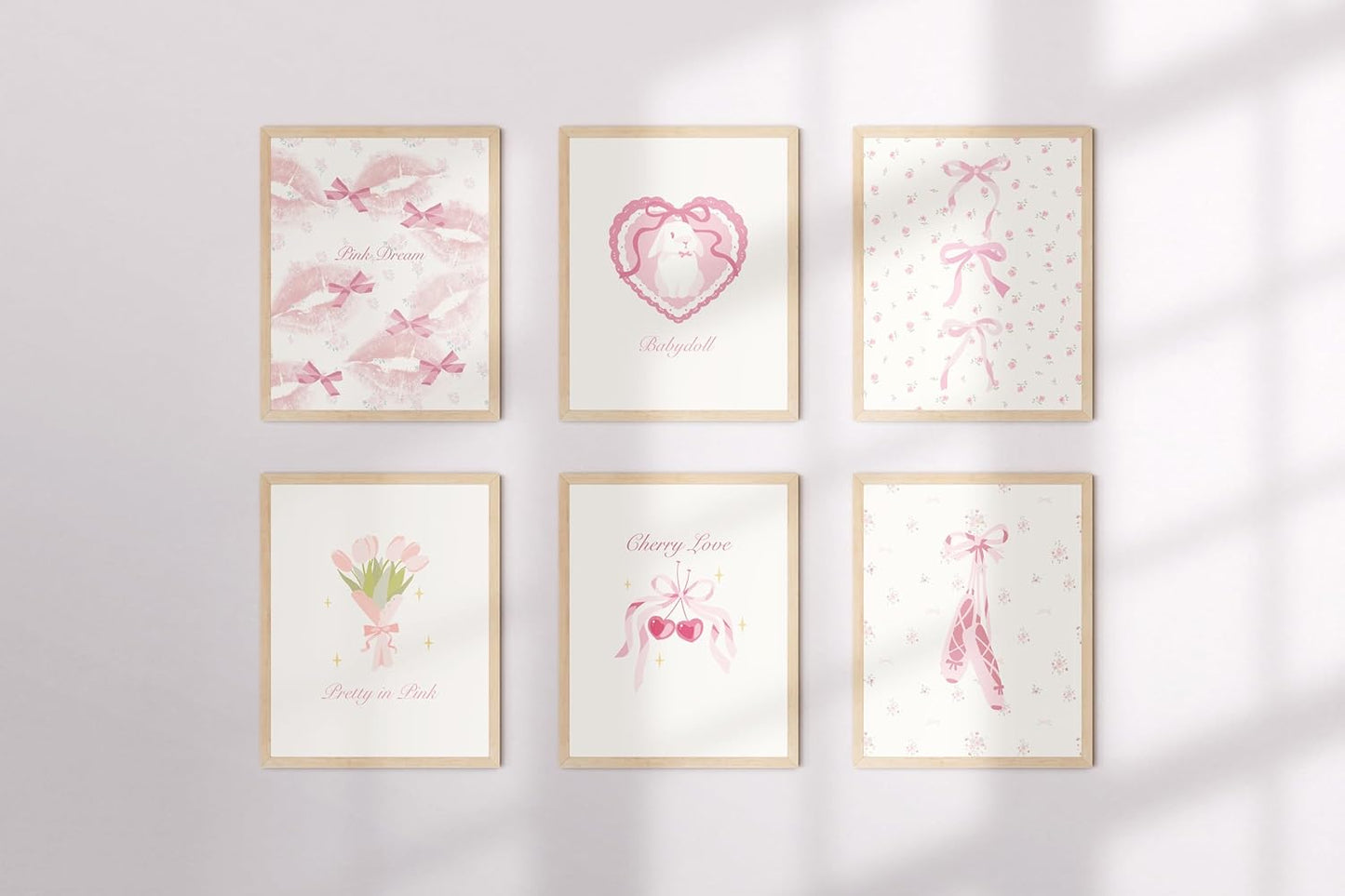 Coquette Room Decor Aesthetic, Pastel Pink Bows Posters (8" X 10", Set of 6, UNFRAMED)