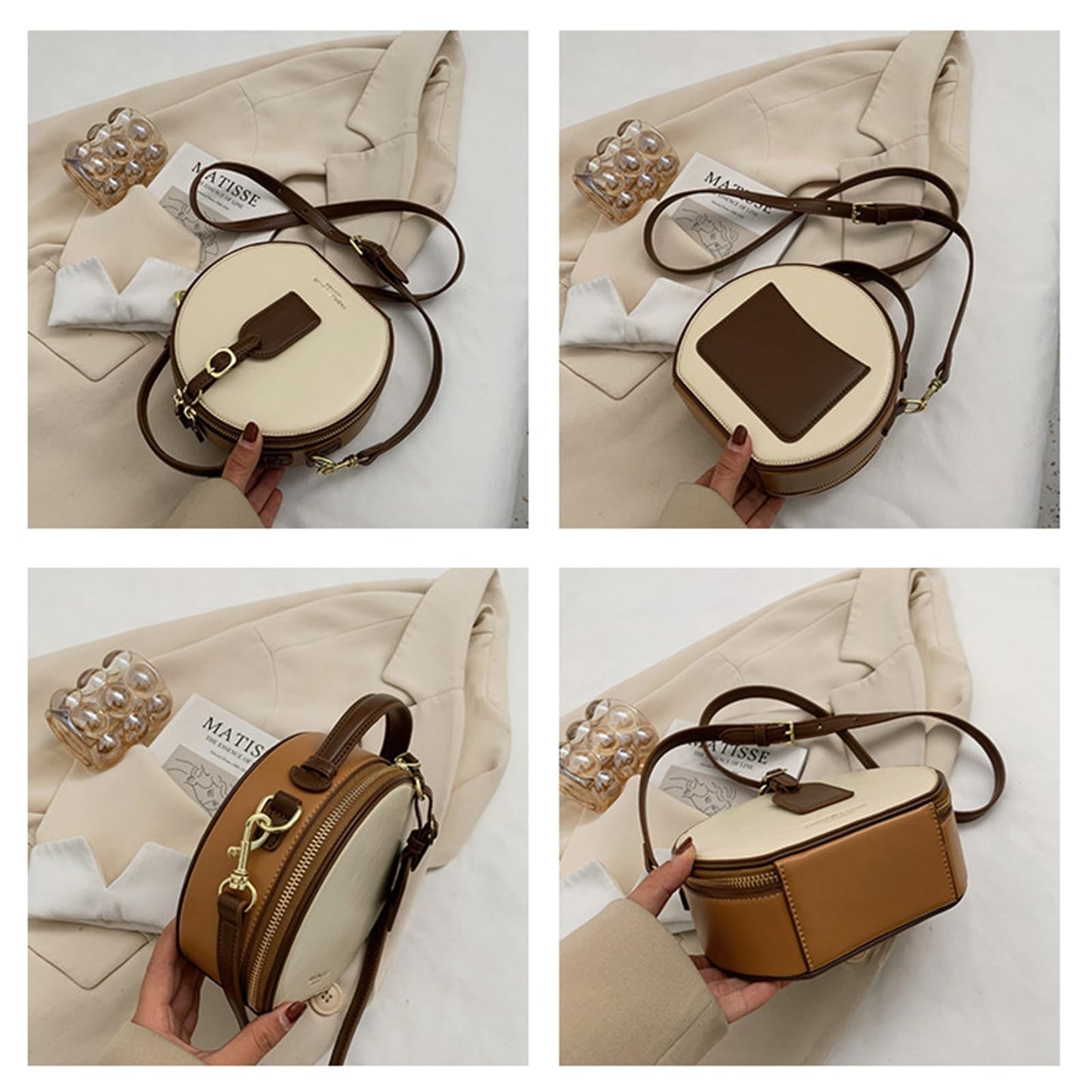 Retro Round Leather Bag Top Handle with Strap